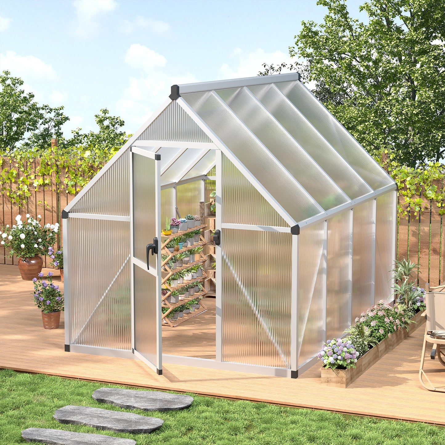IDEALHOUSE 6x7 FT Greenhouse for Outdoors, Lockable Door and Ajustable Roof Vent, Polycarbonate Greenhouse with Windproof Aluminum Frame, Aluminum Walk-in Greenhouses, for Backyard, Lawn