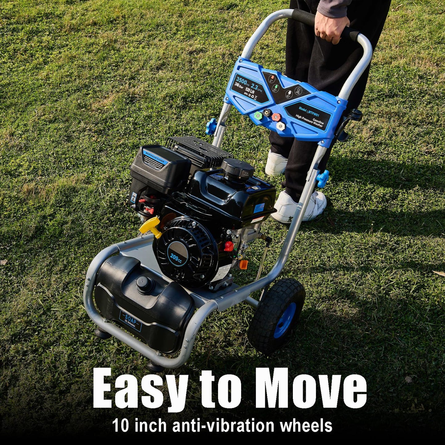 3500 PSI Gas Pressure Washer, 209CC Engine, 2.3 GPM, 4 Adjustable Nozzles, 25ft Hose for Cleaning Cars, Patios, Walls, and Gardens (Blue)