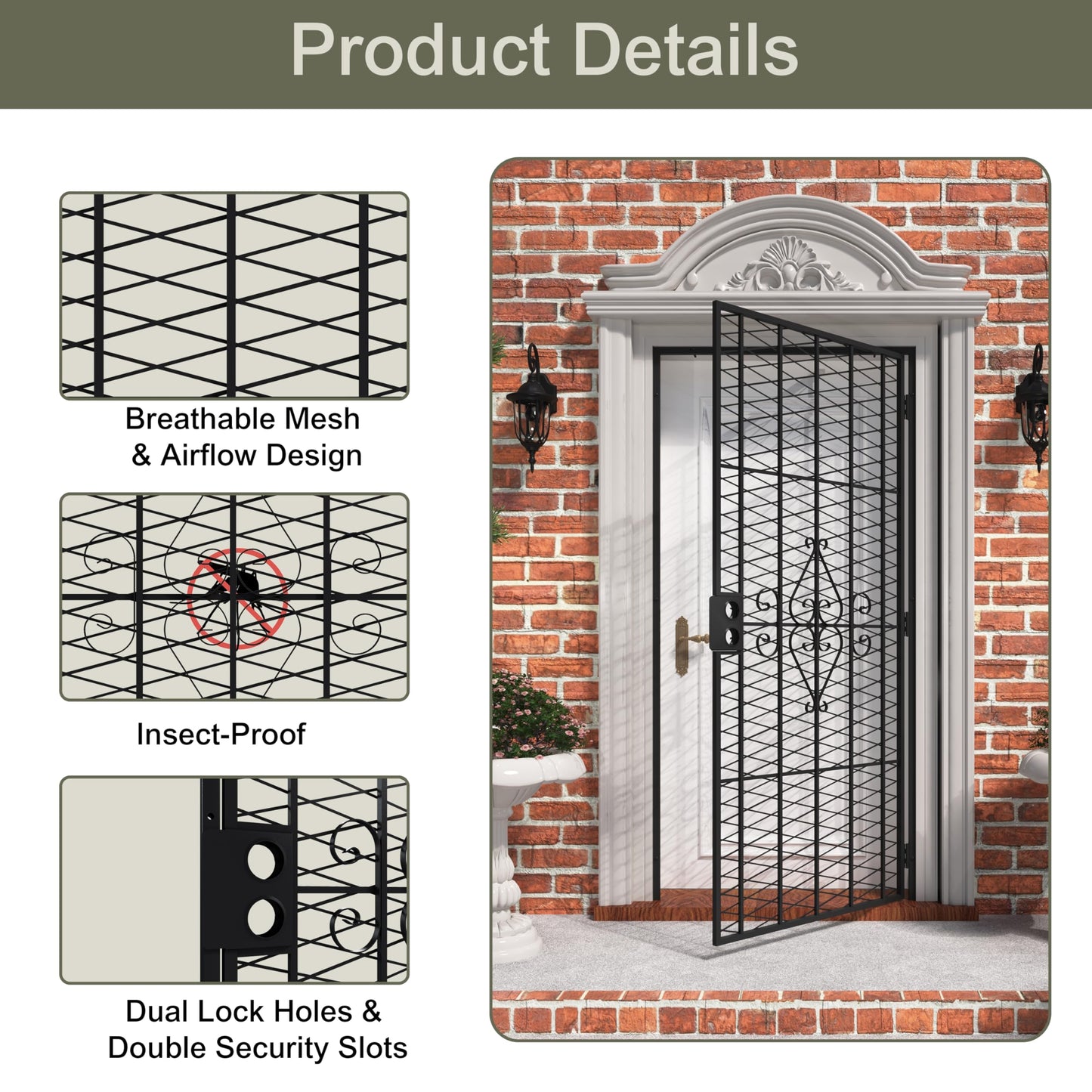 JUBEST 32 in. x 80 in. Security Screen Door, Reversible Powder Coated Black Surface Mount Outswing Steel Security Door with Expanded Metal Screen, Prehung Steel Exterior Doors, Durable&Safe