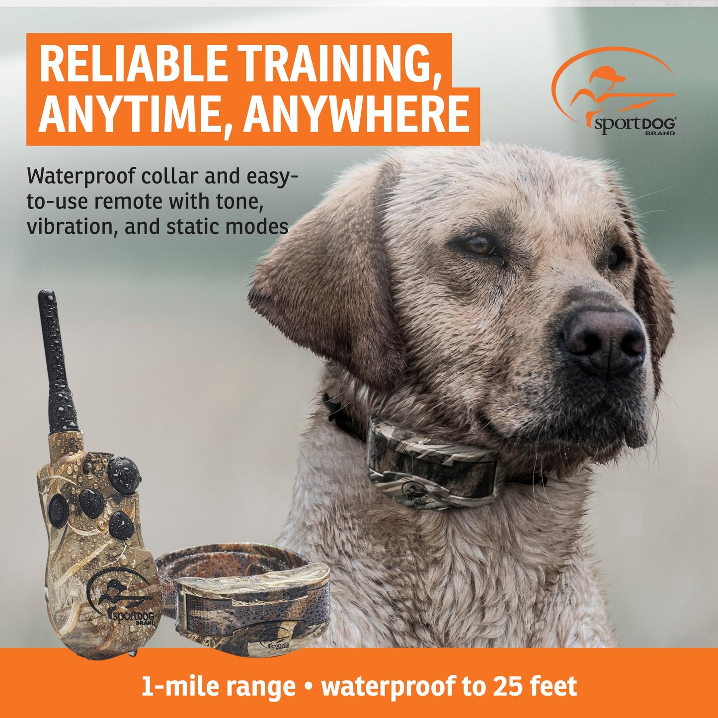 SportDOG Brand WetlandHunter 1825X Camouflage Remote Trainer - Rechargeable Dog Training Collar with Static, Vibrate, and Tone - 1 Mile Range - SD-1825XCAMO