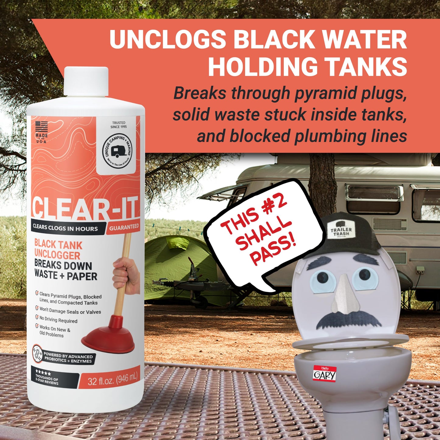 Unique Clear-It RV Black Tank Unclogger Liquid – Breaks Through Pyramid Plugs, Compacted Tanks & Clogged Pipes Without Messy Tools (32 oz) Amazon-Exclusive Packaging