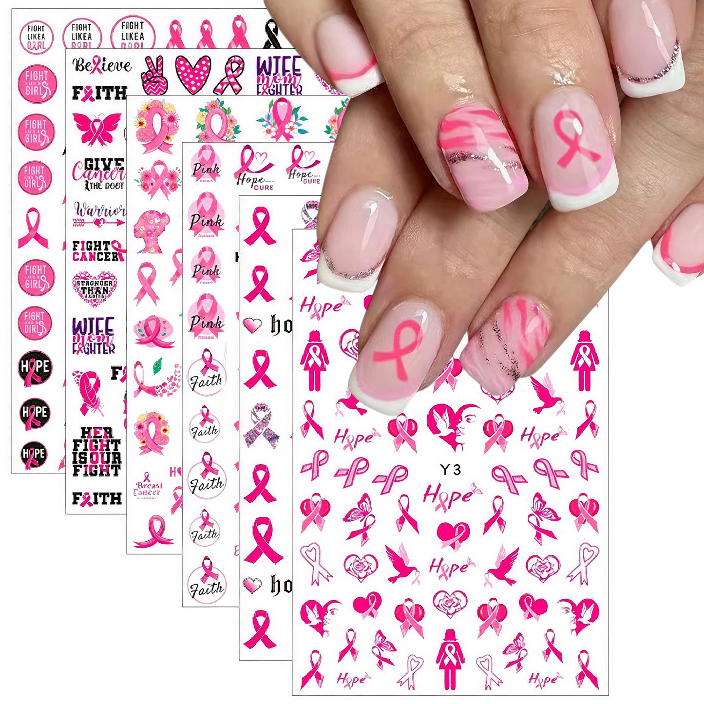 Breast Cancer Awareness Nail Art Stickers Pink Ribbon Nail Decals 3D Self Adhesive Nail Decals Butterfly Heart Flower Design Nail Sticker Breast Cancer Nail Supplies for Women Decoration 6 Sheets