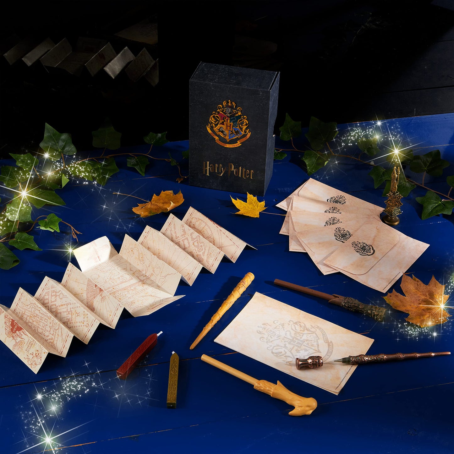 Harry Potter Gifts Writing Set with Wand Pens Stationery Box for Boys Girls Teens Kids Adults with Marauders Map Envelopes Paper Wax Stick Stamp