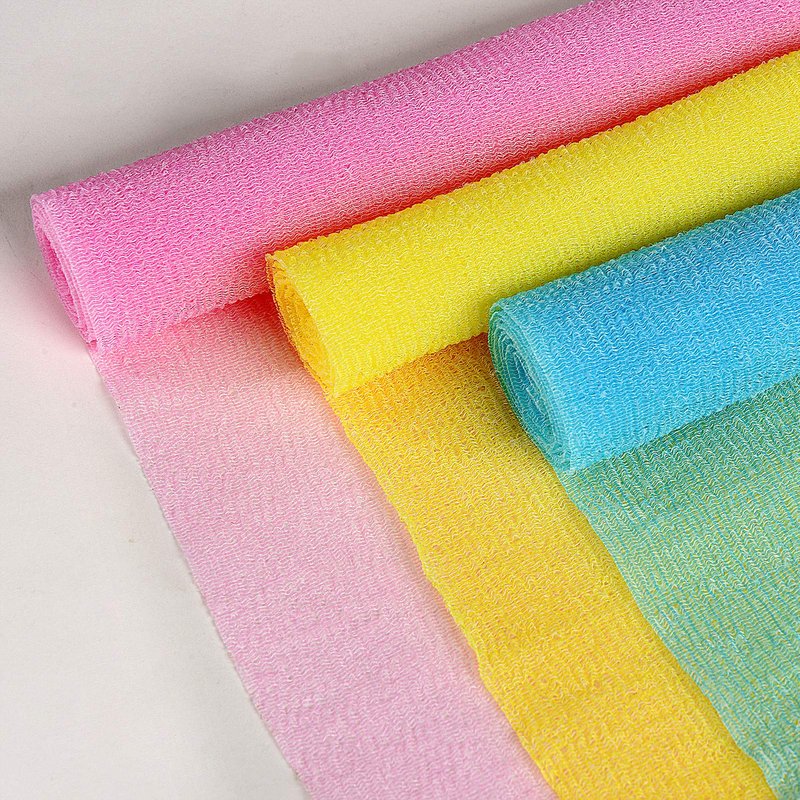 ARCH&M 3-Pack Premium Nylon Exfoliating Towel - 35-Inch Quick-Dry, Hygienic Japanese Washcloth for Body & Back - Durable, Machine Washable, Long-Lasting (Peach Purple Pink)