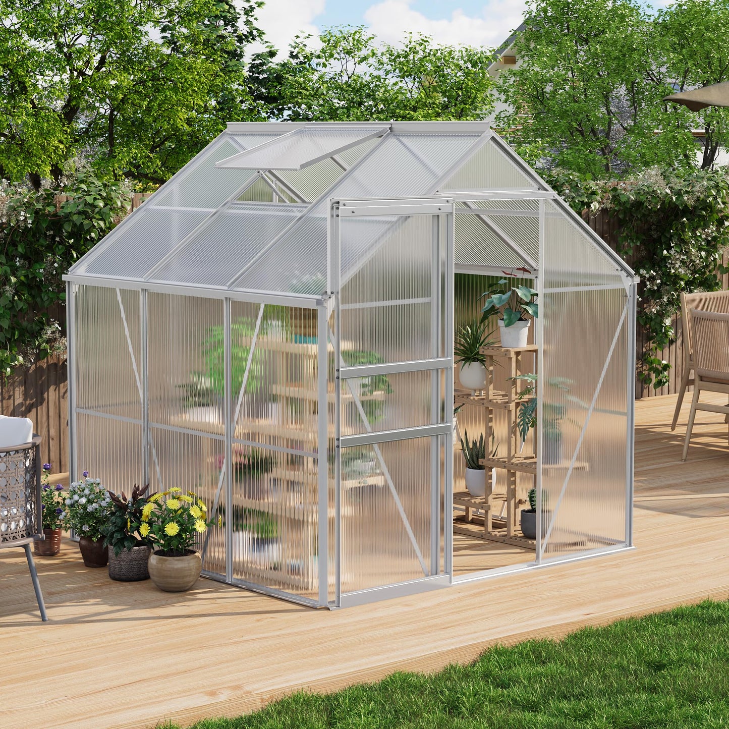 GarveeHome 6 x 6 FT Polycarbonate Greenhouse, Winter Greenhouses for Outdoors with Aluminum Frame, Sliding Door, Adjustable Roof Vent, Backyard Green Houses, Patio Garden, Silver