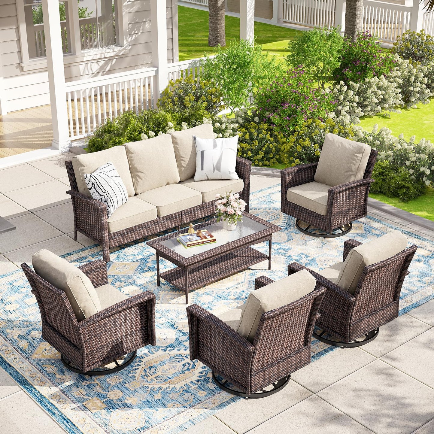 MIXPATIO 6-Piece Wicker Patio Furniture Set with Swivel Chairs, High Back Outdoor Sofa with 5.5-inch Thick Cushion, All-Weather Wicker Patio Conversation Set for Deck Yard Pool, Beige