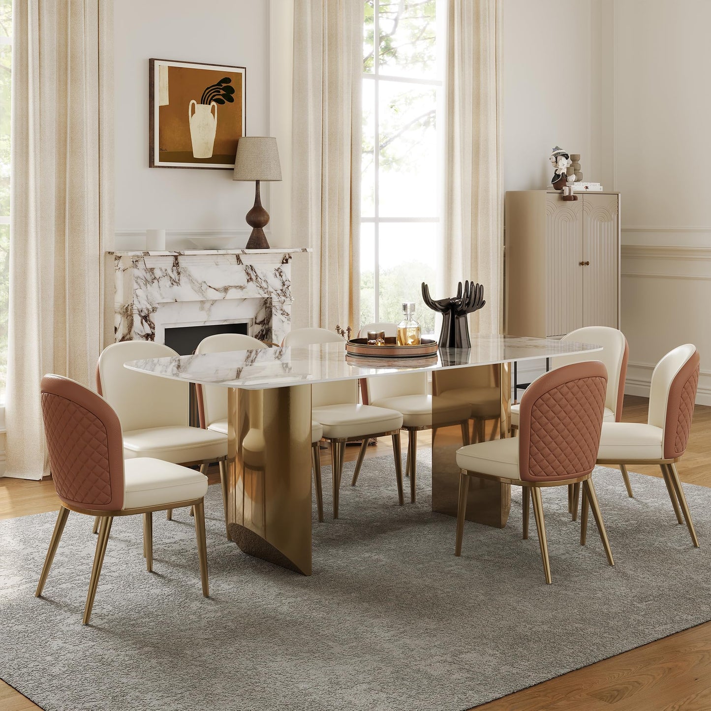 Rectangular Dining Table for 8-10 People, 79 inch Luxury Kitchen Table with Sintered Stone Tabletop and Gold Metal Base, Modern Dining Room Table for Kitchen Living Room (Table Only)