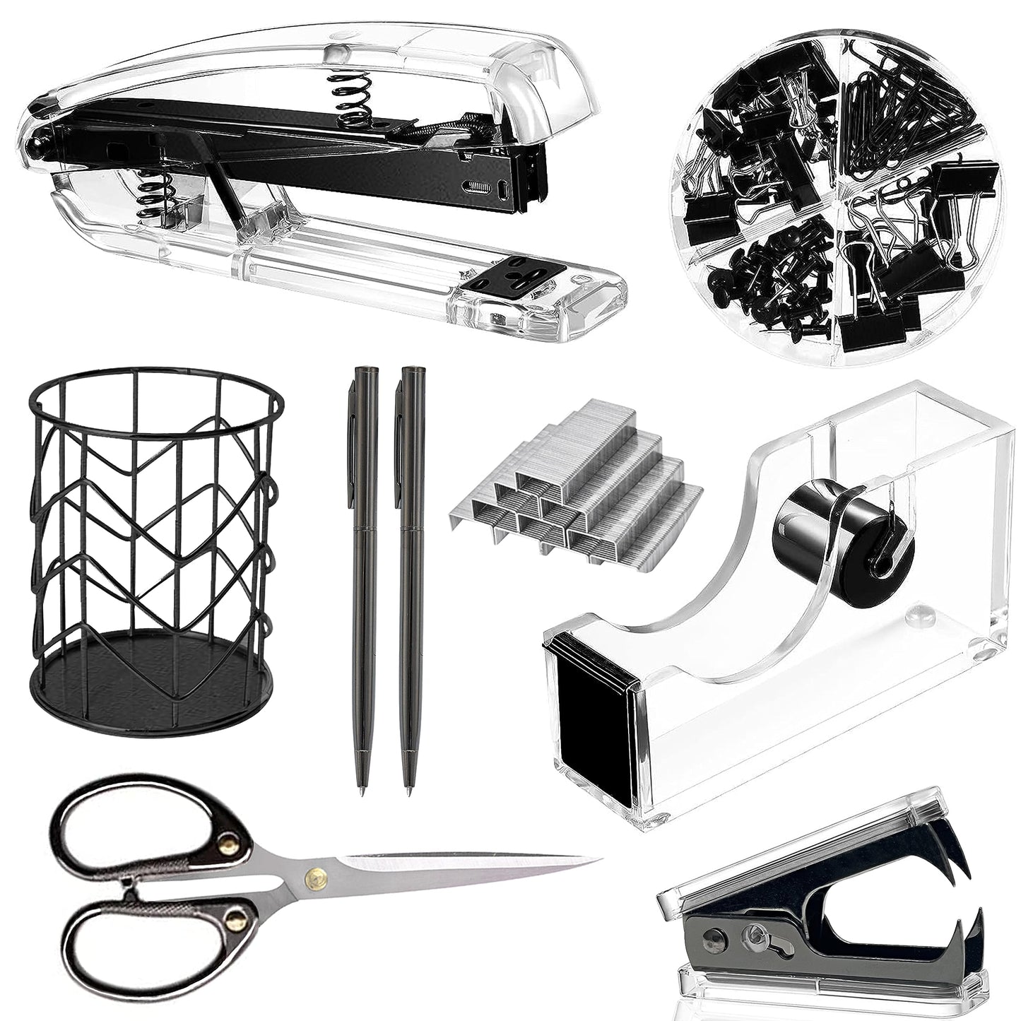Office Desk Accessories，Office Supplies Set Acrylic Stapler Set Staple Remover, Tape Holder, Pen Holder, 2 Ballpoint Pen, Scissor, Binder Clips, Paper Clips and 1000pcs Staples(Black)