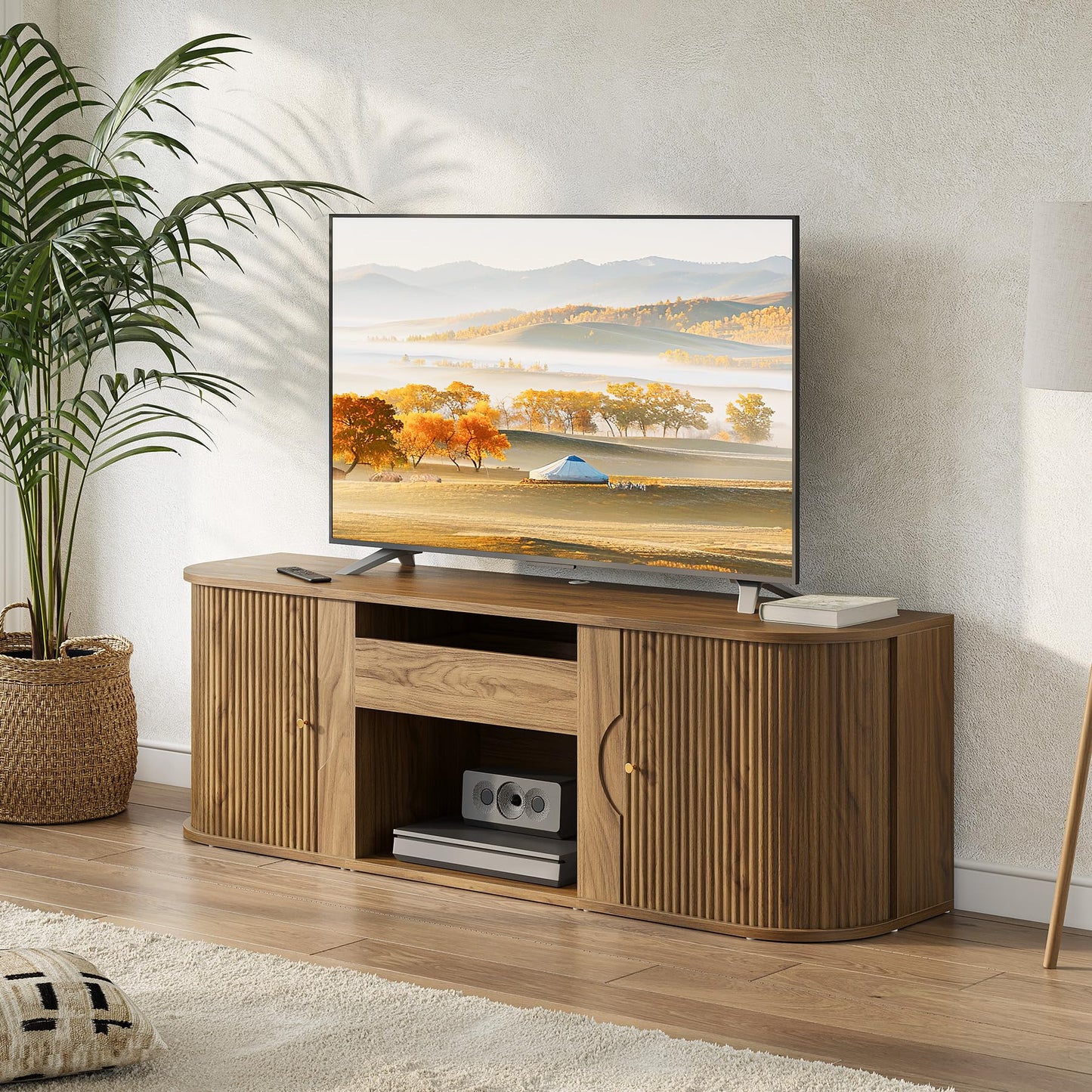 LITTLE TREE 70-Inch TV Stand for Projector, Entertainment Center with Ample Storage, Mid-Century Modern Media Console for Living Room, Bedroom, Wooden Stand for Short Throw Projector, Walnut Brown