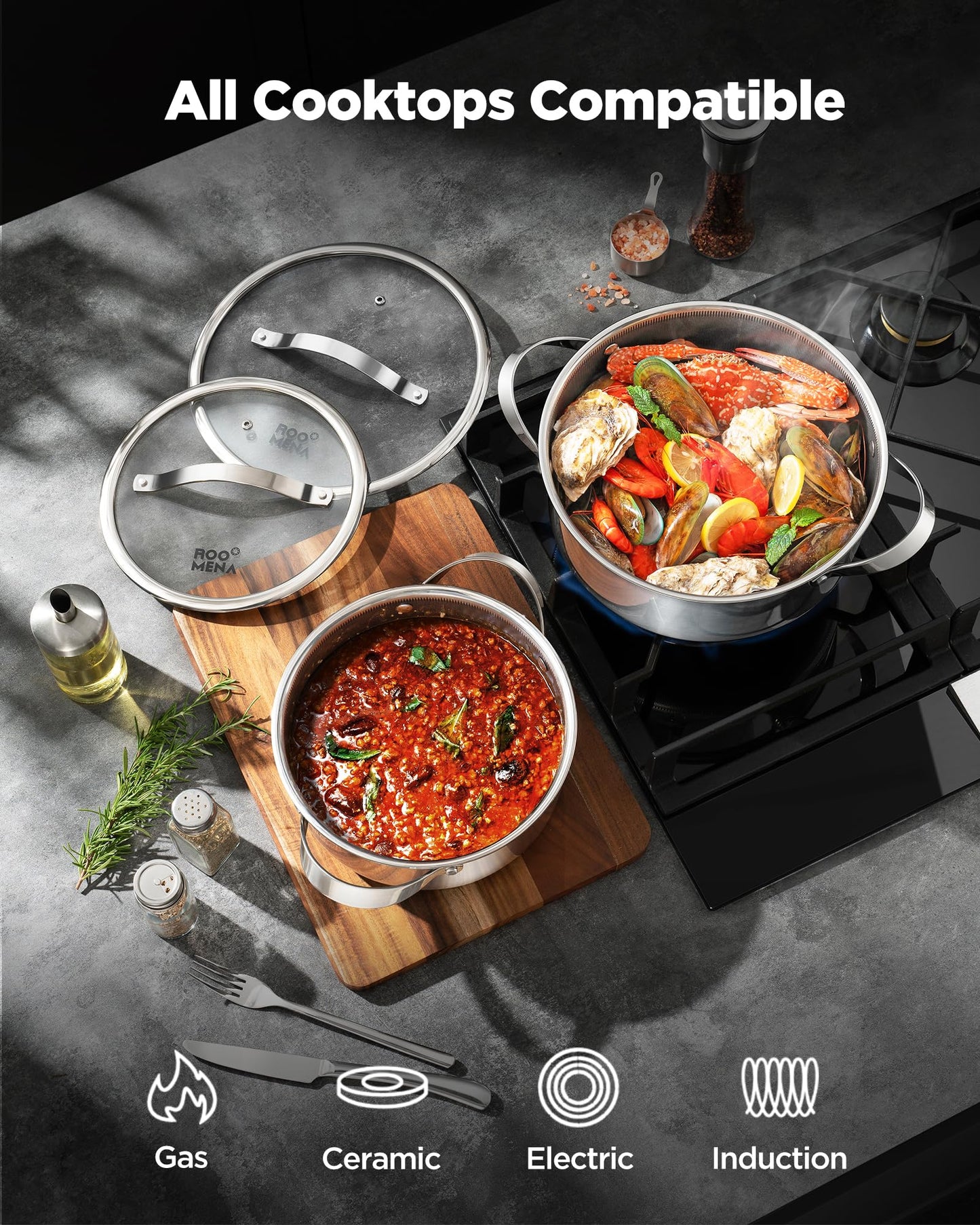 Pots and Pans Set Hybrid Stainless Steel, 17PC Nonstick Tri-Ply Cookware Set w/Frying pan, Dishwasher & Oven Safe, PFOA-Free, Metal Utensil Safe, Suitable for All Cooktops