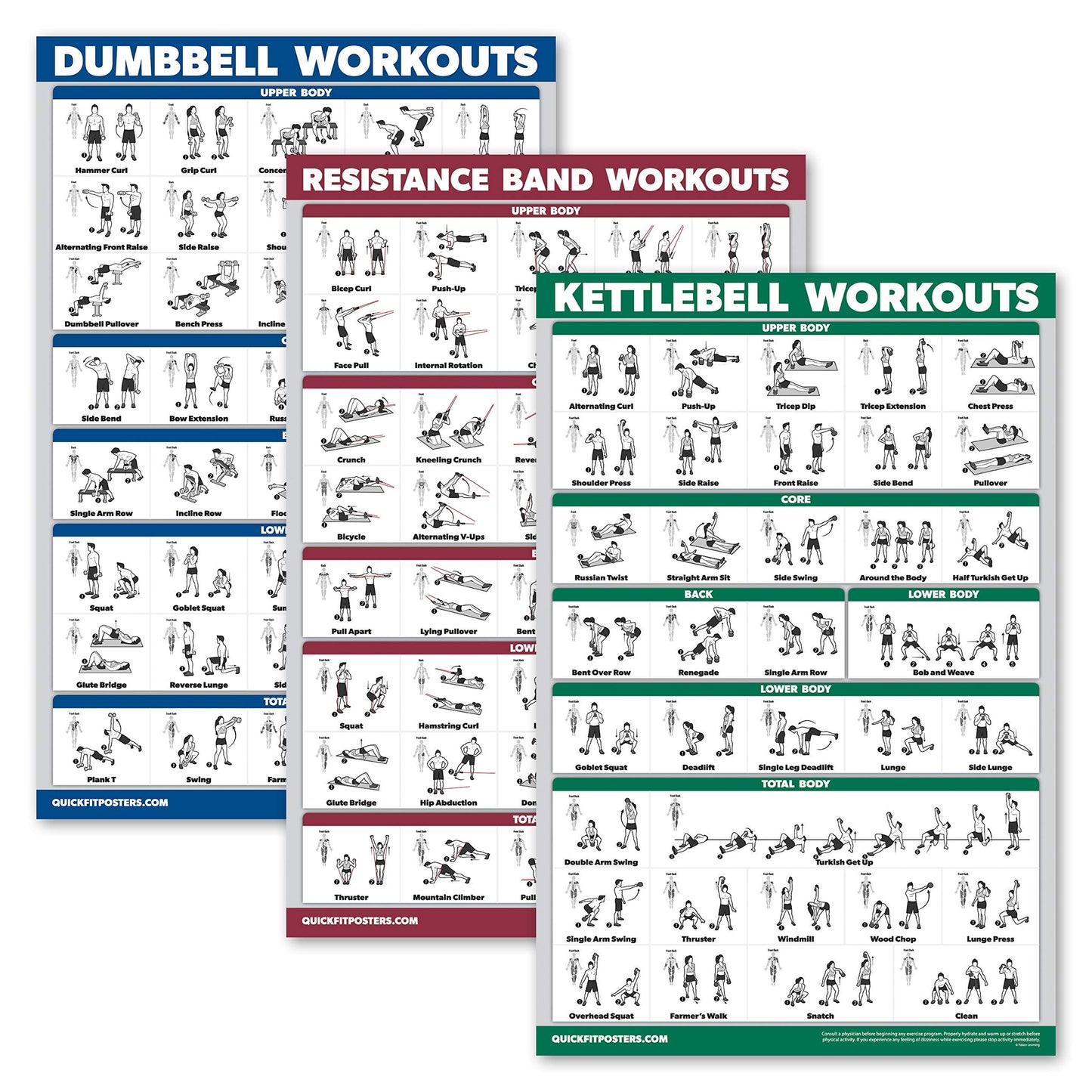 Palace Learning 3 Pack, Dumbbell Exercise Poster + Kettlebell Workouts + Resistance Bands Exercises - Set of 3 Workout Charts (LAMINATED, 18" x 24"")"