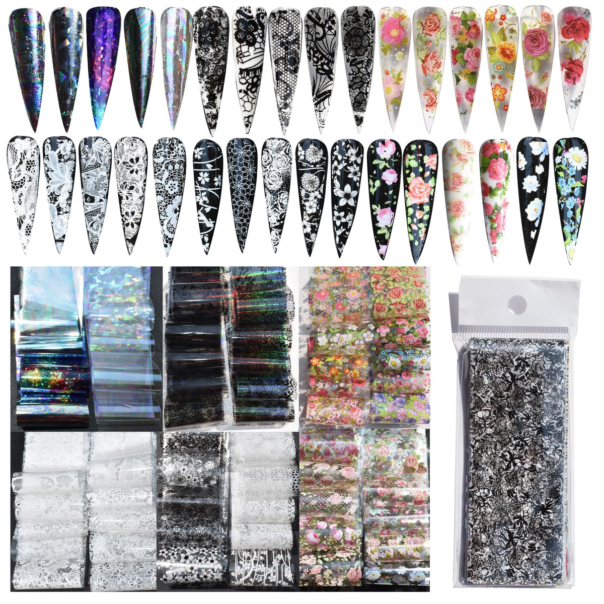 58 Sheets Nail Art Transfer Foil Stickers, 1.57x7.87In Flower Lace Holographic Nail Foil, Iridescent Floral Lace Nail Decals for Women Girls DIY Nail Art Decorations