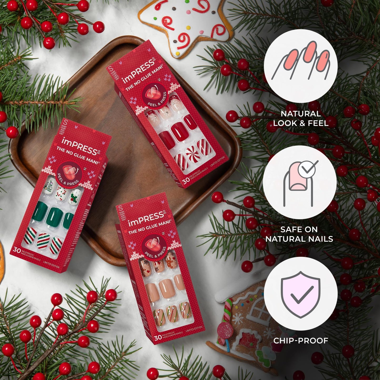 KISS imPRESS Holiday Press On Nails, ‘Mistletoe Kiss’, Brown, Short Squoval, Improved Super Hold Adhesive, 30 Fake Nails, Prep Pad, Mini Nail File, & Manicure Stick