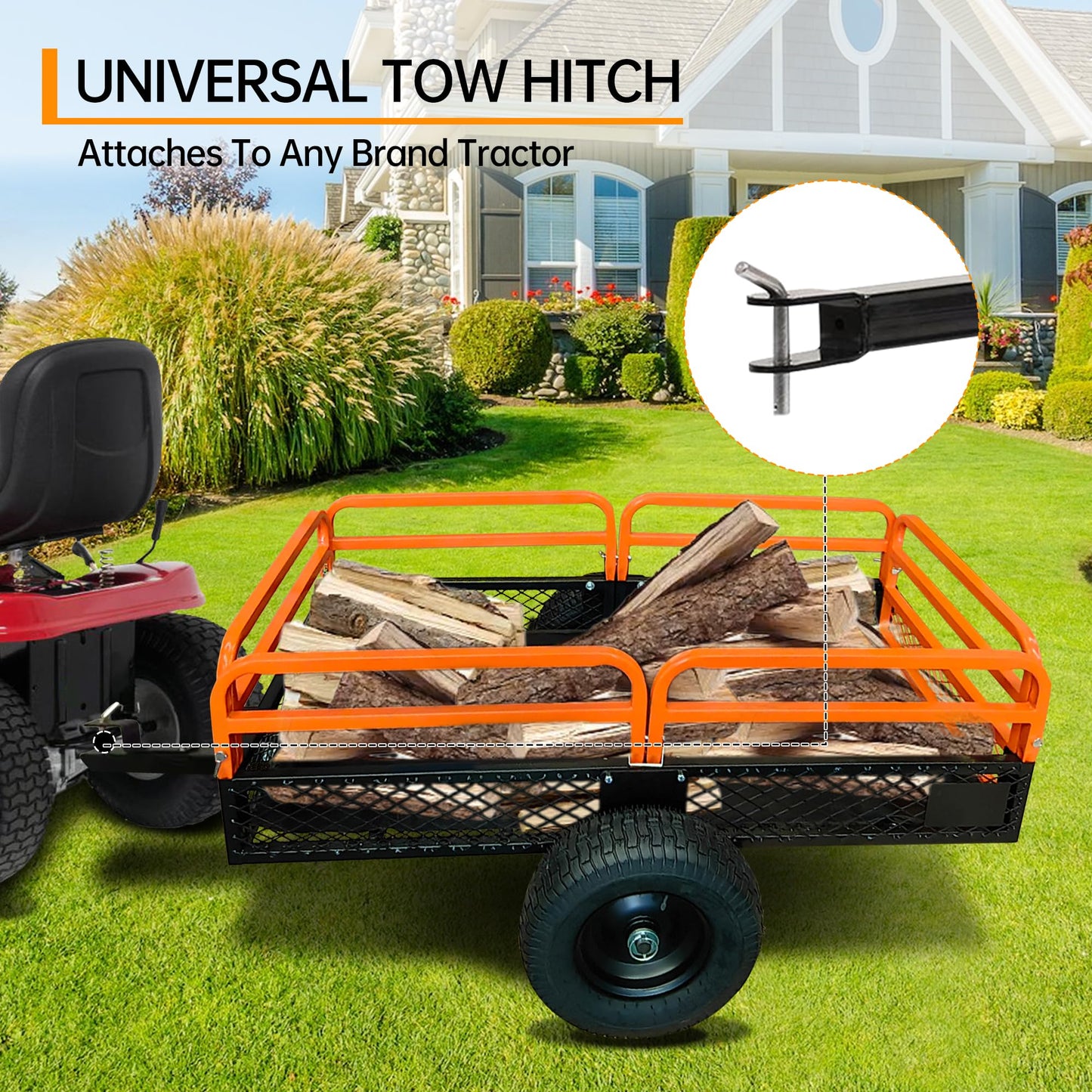 Heavy Duty Dump Cart ATV/UTV Trailer,1600 Lbs 15 Cubic Feet,Garden Trailer Pull Behind with Removable Sides & All Terrain Tires,for Lawn Tractor, Mower, Garden,Orange