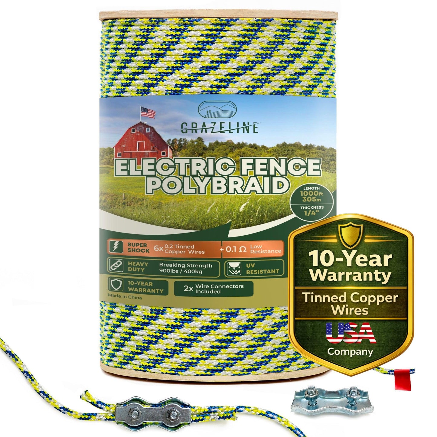 Electric Fence Polybraid 1/4" Rope 1000Ft (305m) - 6 x Tinned Copper Strands for Superior Shock - Heavy Duty Polyrope Braided - Premium Horse Wire Fencing Highly Visible - UV Rust Corrosion Resistant