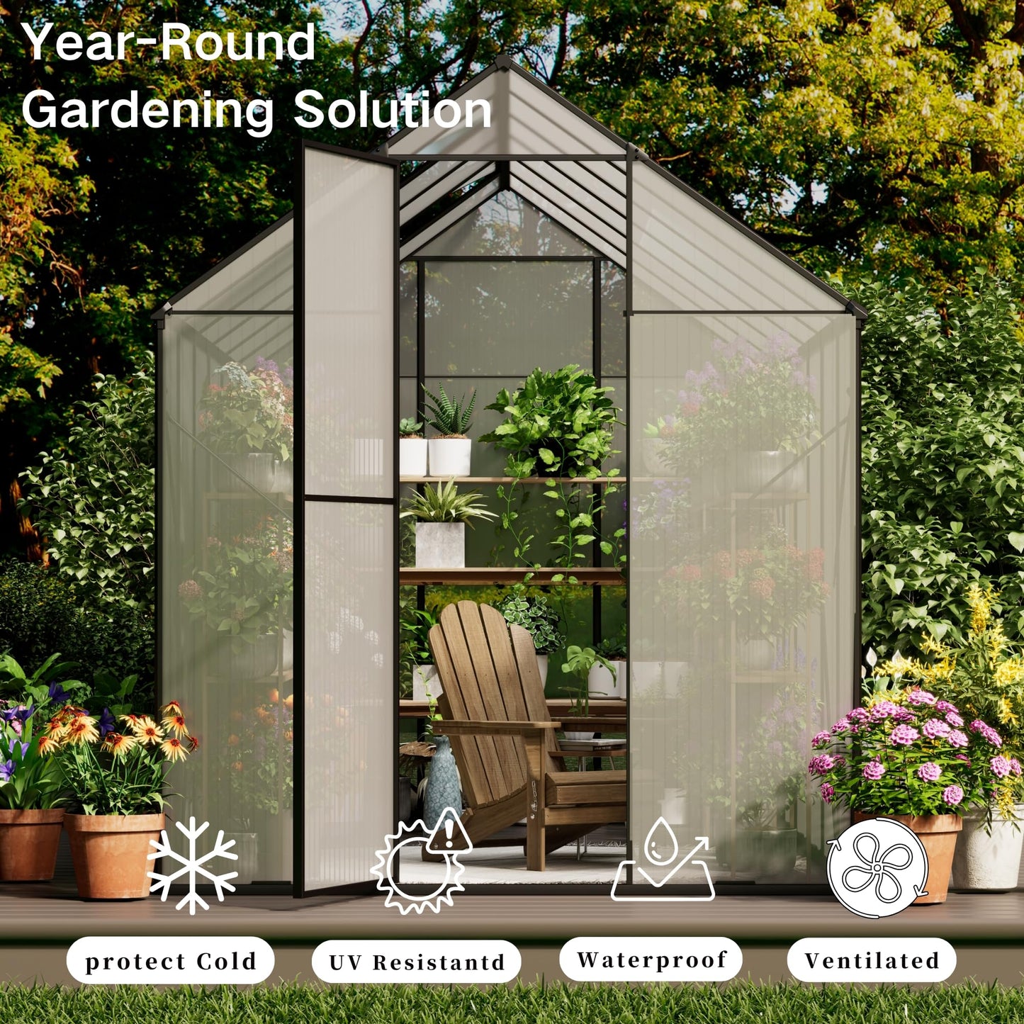 Kingdura 6x12ft Walk-in Greenhouse for Outdoors, Large Polycarbonate Greenhouses with Heavy Duty Aluminum Frame, Adjustable Roof Vent, Lockable Door, UV Protection for Outside Garden Backyard