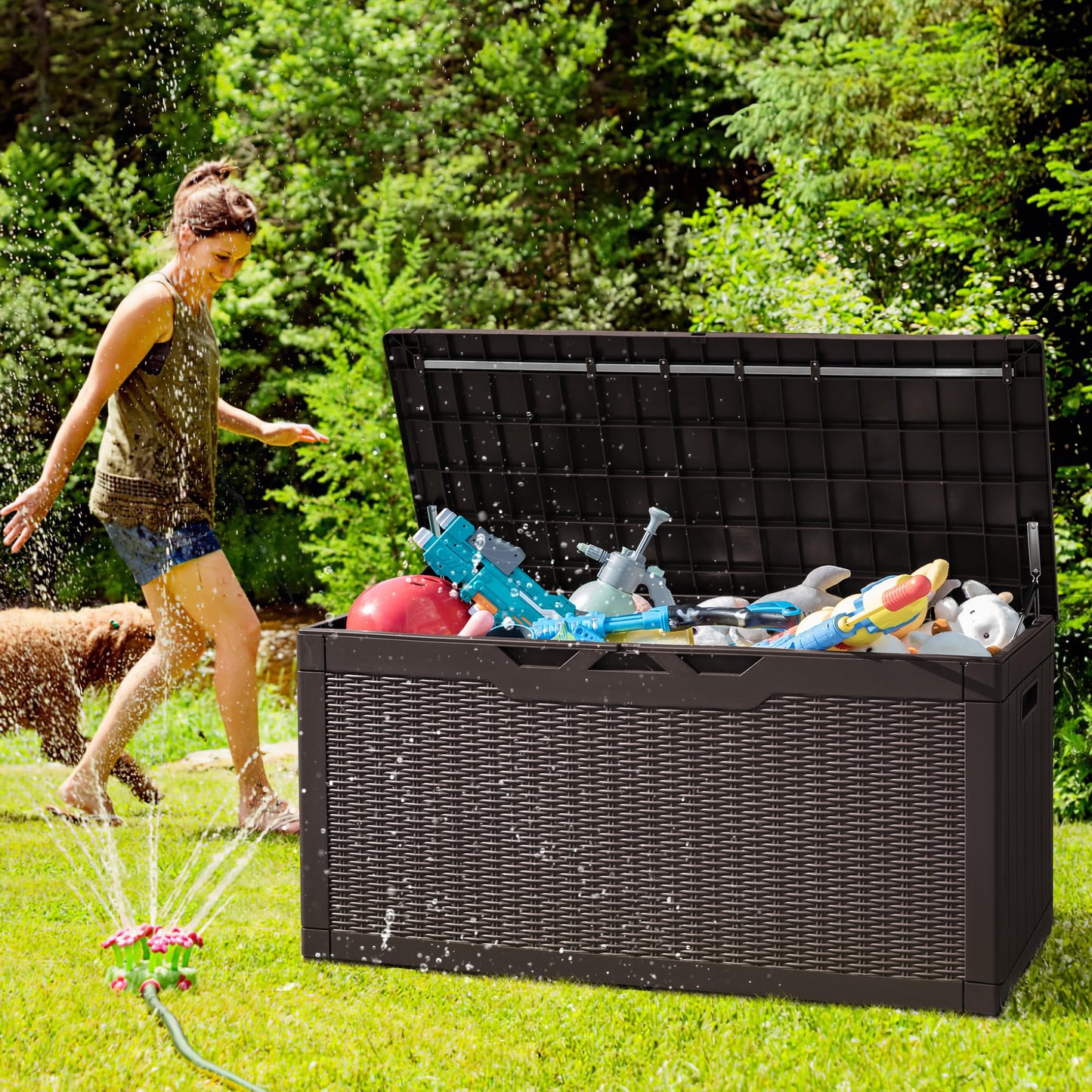 Greesum 100 Gallon Resin Deck Box Large Outdoor Storage with Cushions for Patio Furniture, Garden Tools, Pool Supplies, Weatherproof and UV Resistant, Lockable, Dark Brown