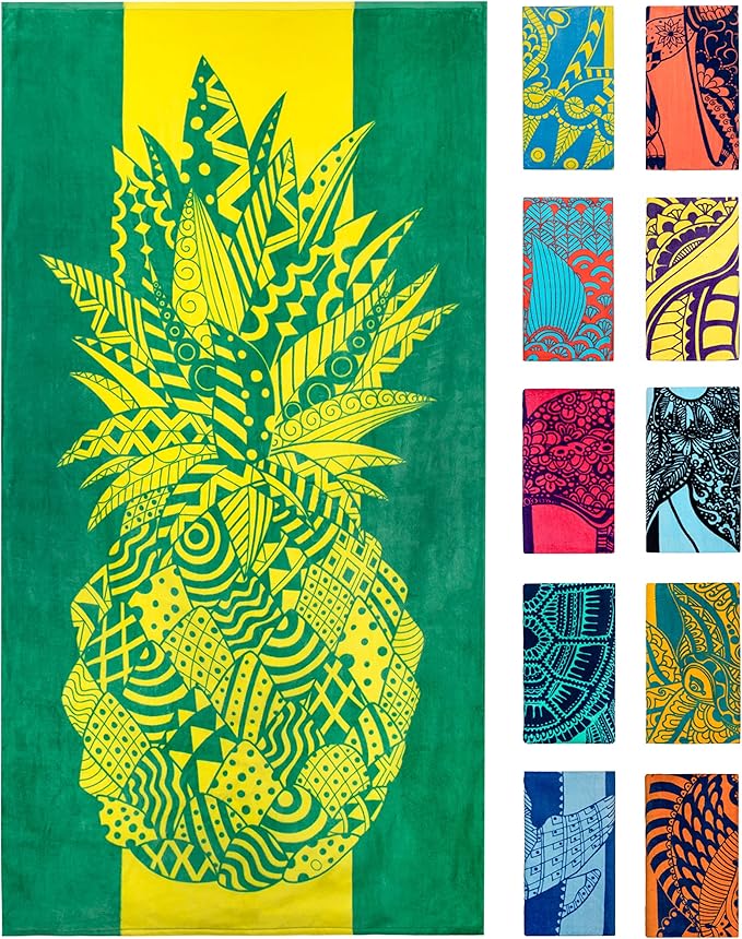 Nova Blue Pineapple Beach Towel â Yellow and Green with A Tropical Design, Extra Large, XL (34âX 63â) Tropical Fruit, Yellow Beach Towel with Unique Design Made from 100% Cotton