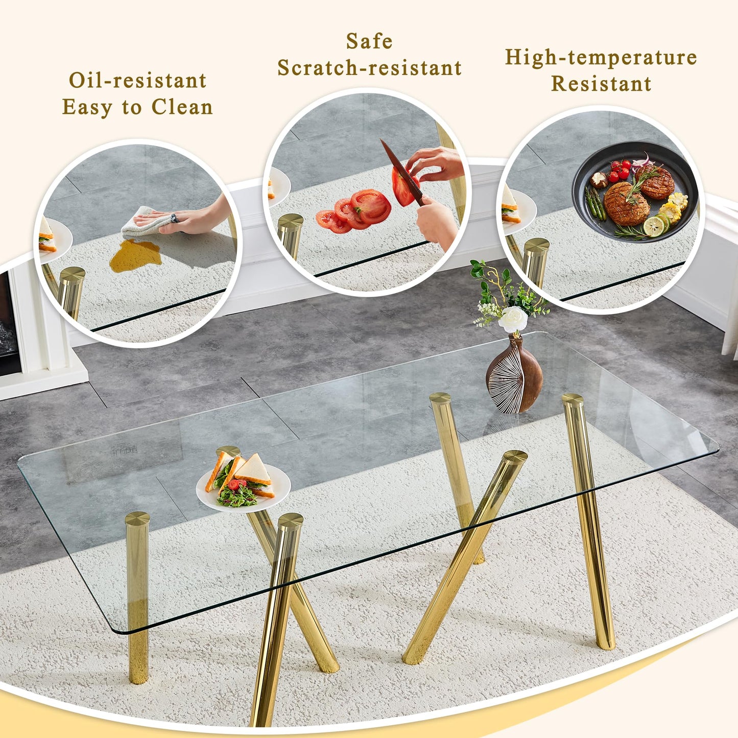 JEARGE Glass Dining Table Set for 6,7 Piece Dining Room Table Set for 6, 71" Modern Kitchen Table with Acrylic Dining Chairs,Suitable for Kitchen