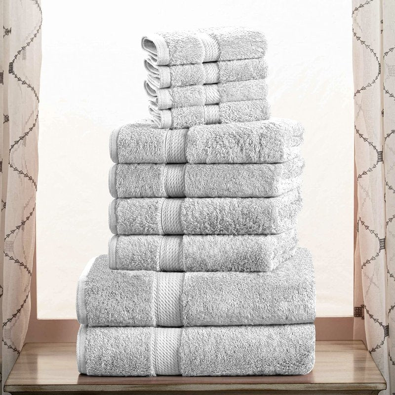 Superior Egyptian Cotton Pile 10 Piece Towel Set, Includes 2 Bath, 4 Hand, 4 Face Towels/ Washcloths, Ultra Soft Luxury Towels, Thick Plush Essentials, Guest Bath, Spa, Hotel Bathroom, Silver