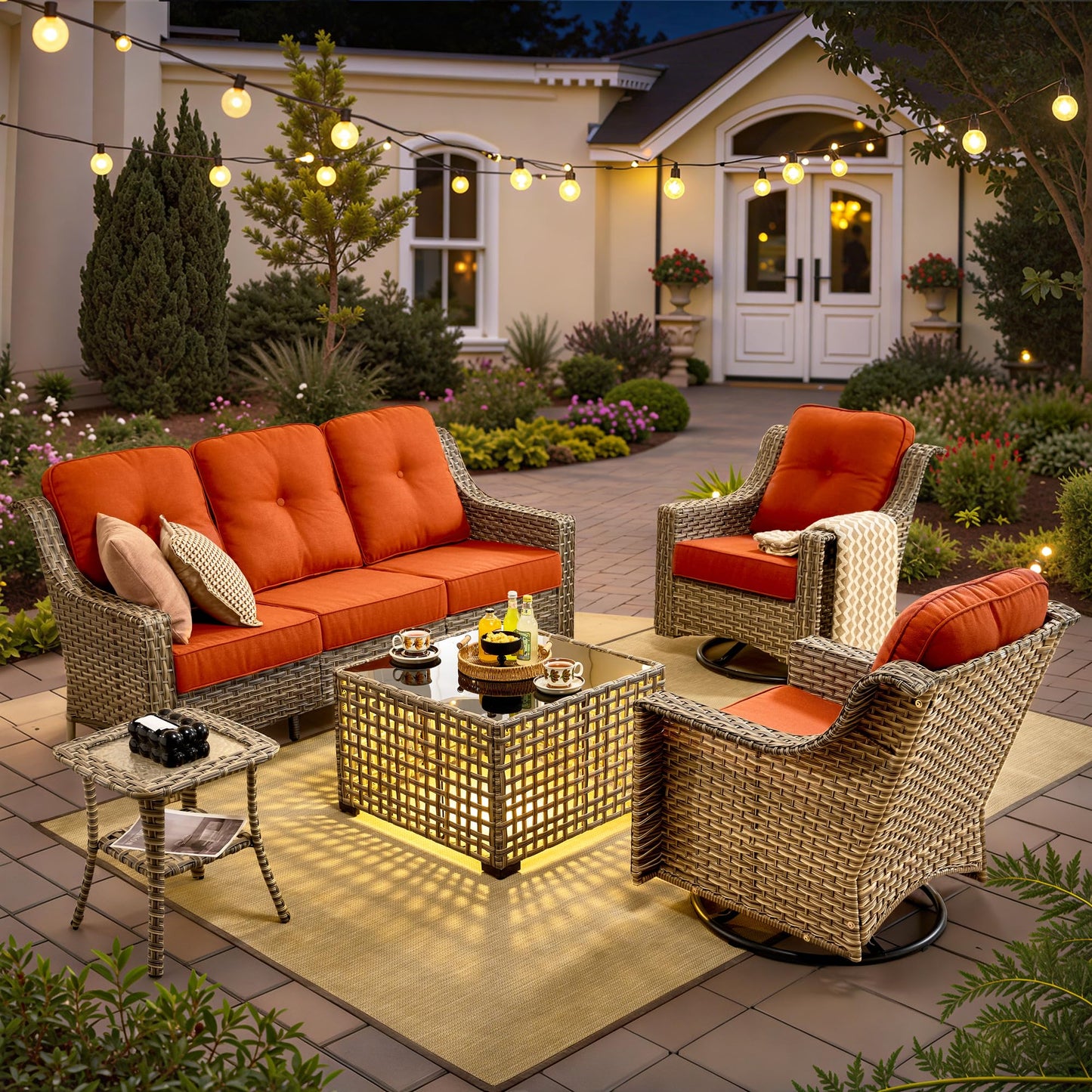 HOOOWOOO Patio Furniture Set,5 Pieces Wicker Outdoor Furniture,High Back Conversation Set with All Weather Resistant Solar Light Table Couch Swivel Chairs,Orange Red
