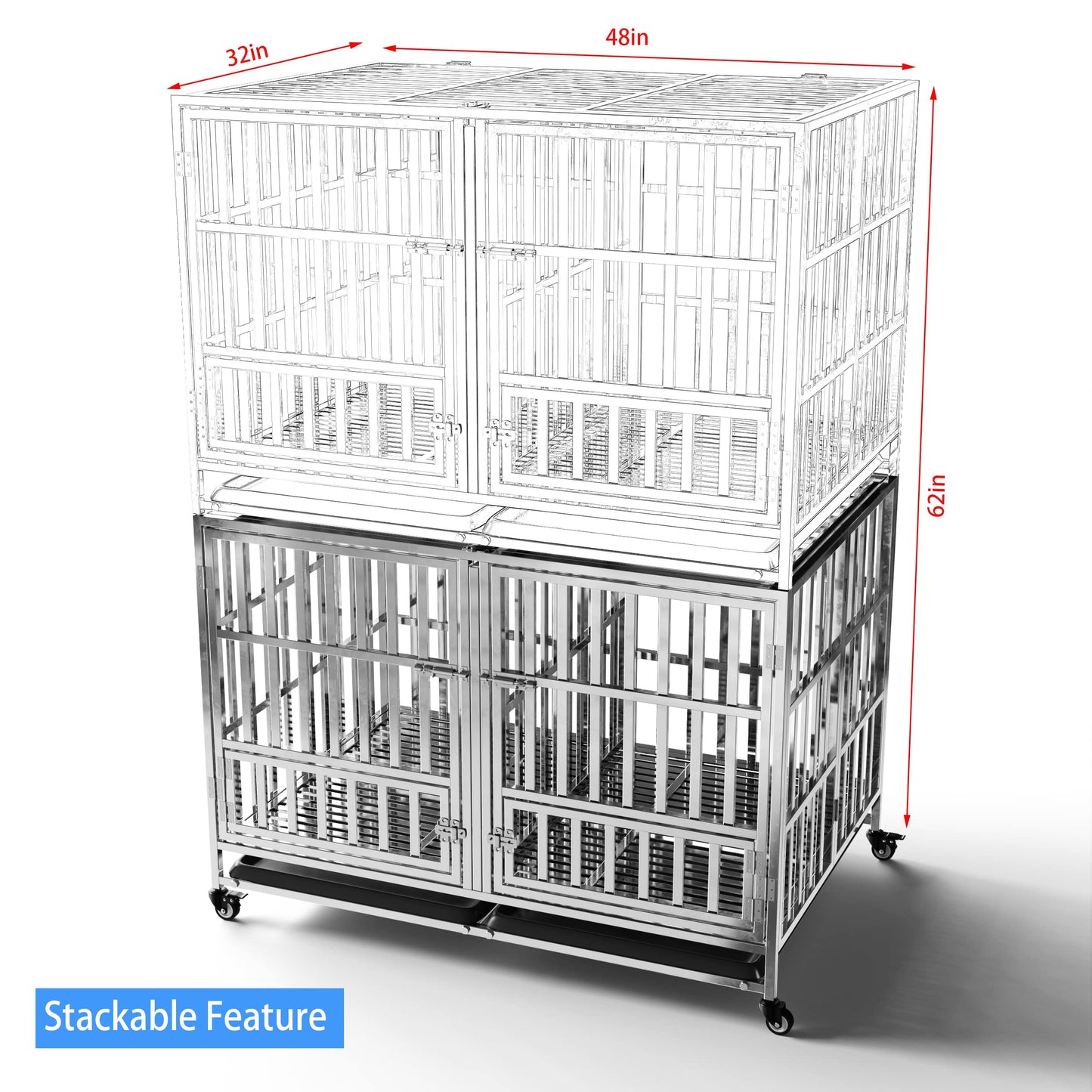 FoQualy Collapsible Stainless Steel Dog Crate, 30" 37" 42" 48" Sizes, Lockable Wheel, with Tray, Stackable, Heavy Duty, Divider, Indoor and Outdoor (48insm)