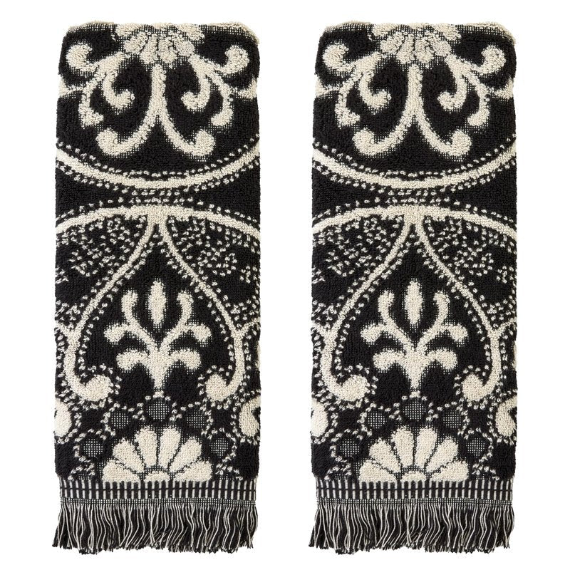 SKL Home Amherst Medallion 100% Cotton Premium 2-Piece Hand Towel Set, 600 GSM, Reversible Jacquard, Soft & Absorbent, Decorative for Bath/Kitchen/Bar & Gift, Black