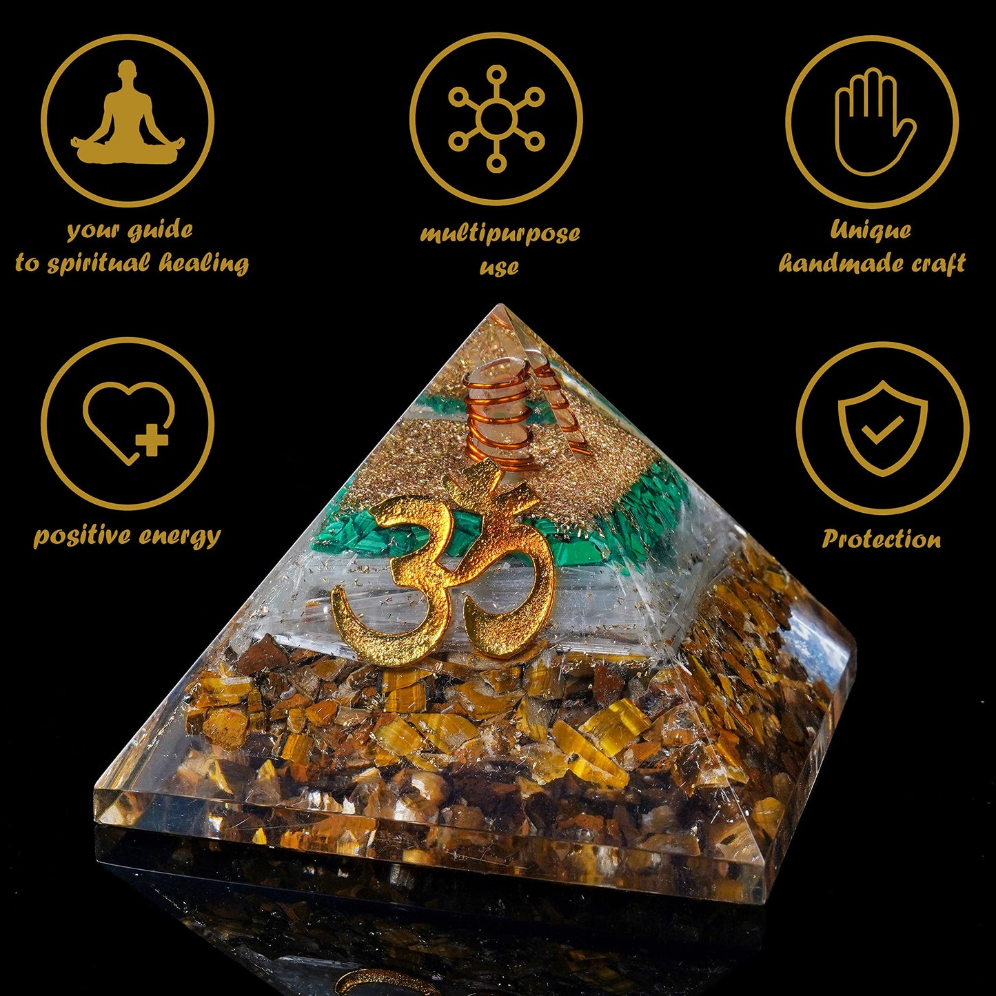 55mm orgone pyramid Tiger Eye, Selenite & Green Malachite protection crystals reiki healing stones, organite pyramid for good luck gift for women men gemstone crystal chakra charm orgonite collection