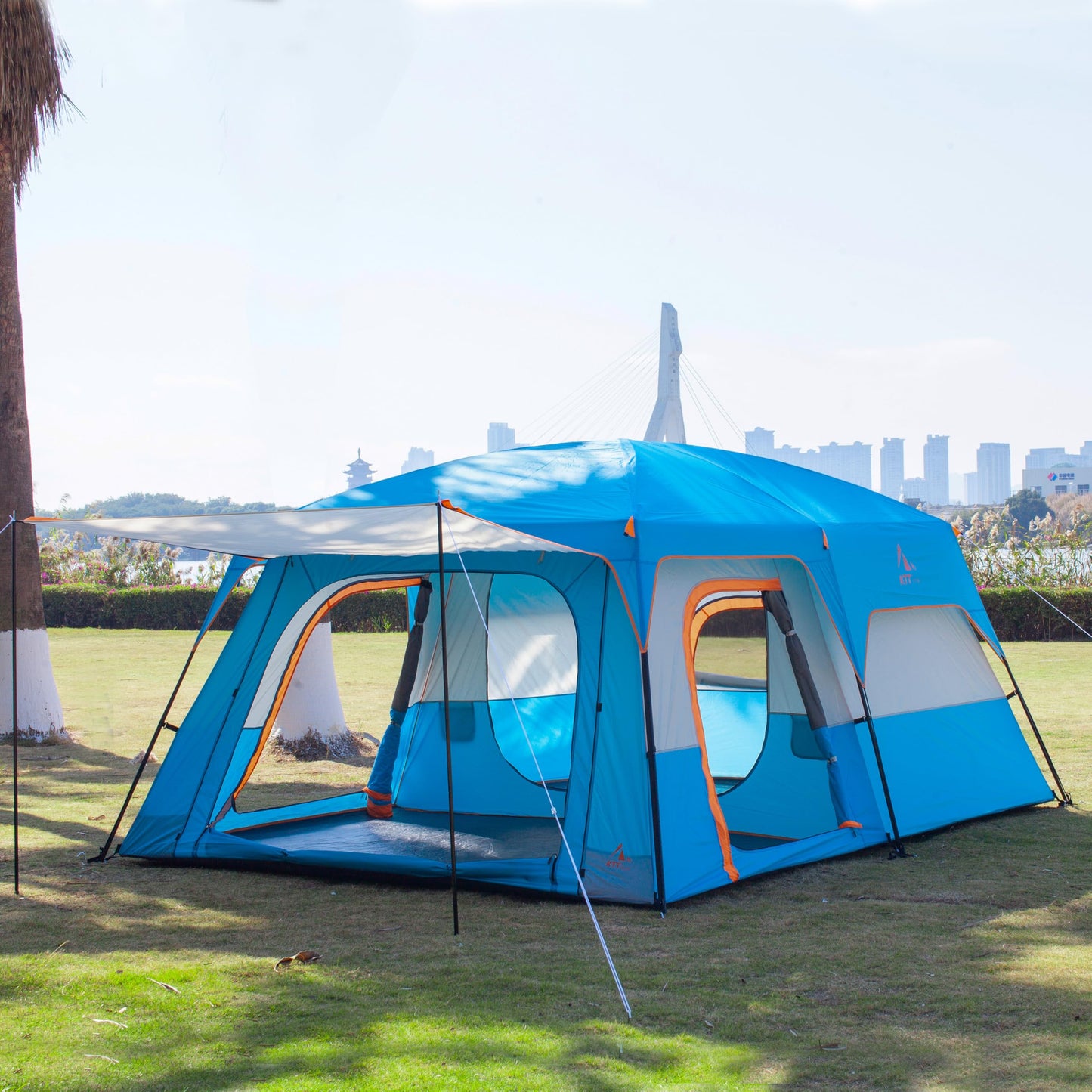 KTT Extra Large Tent 12 Person,Family Cabin Tents,2 Rooms,3 Doors and 3 Windows with Mesh,Straight Wall,Waterproof,Double Layer,Big Tent for Outdoor,Picnic,Camping,Family Gathering(Blue)
