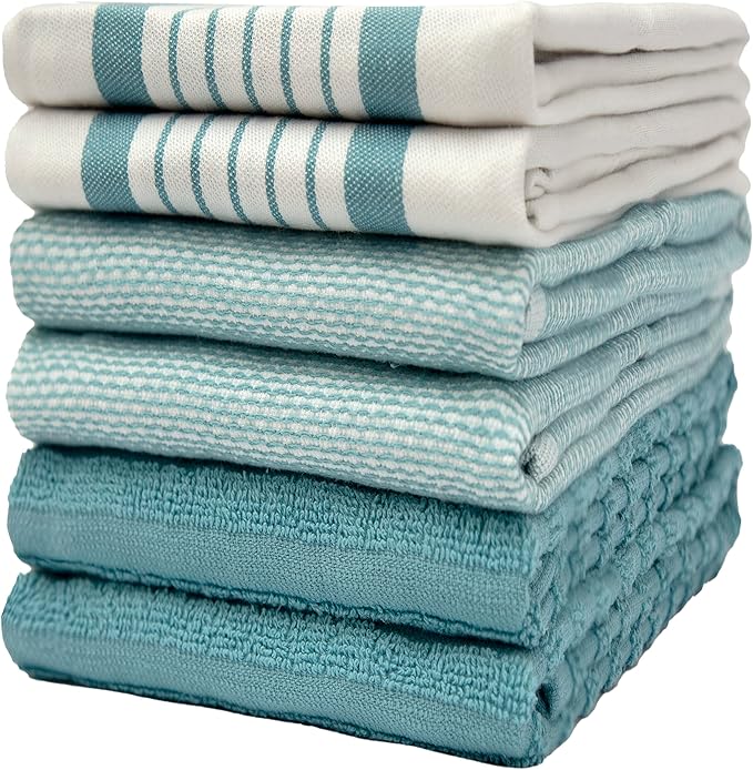 Premium Kitchen Towels (20âx 28â, 6 Pack) | Large Cotton Dish Towels | Flat & Terry Highly Absorbent Kitchen Linen Set with Hanging Loop | Aqua