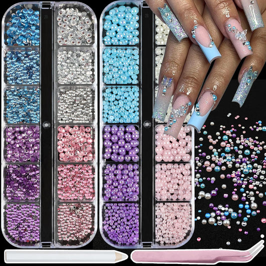 SEMATA Pink Nail Art Pearls Charms Flatback Nail Rhinestones Mixed Size Nails Gems Pink Purple Blue Nails Pearls Rhinestones Art Accessories Decoration Design for Women