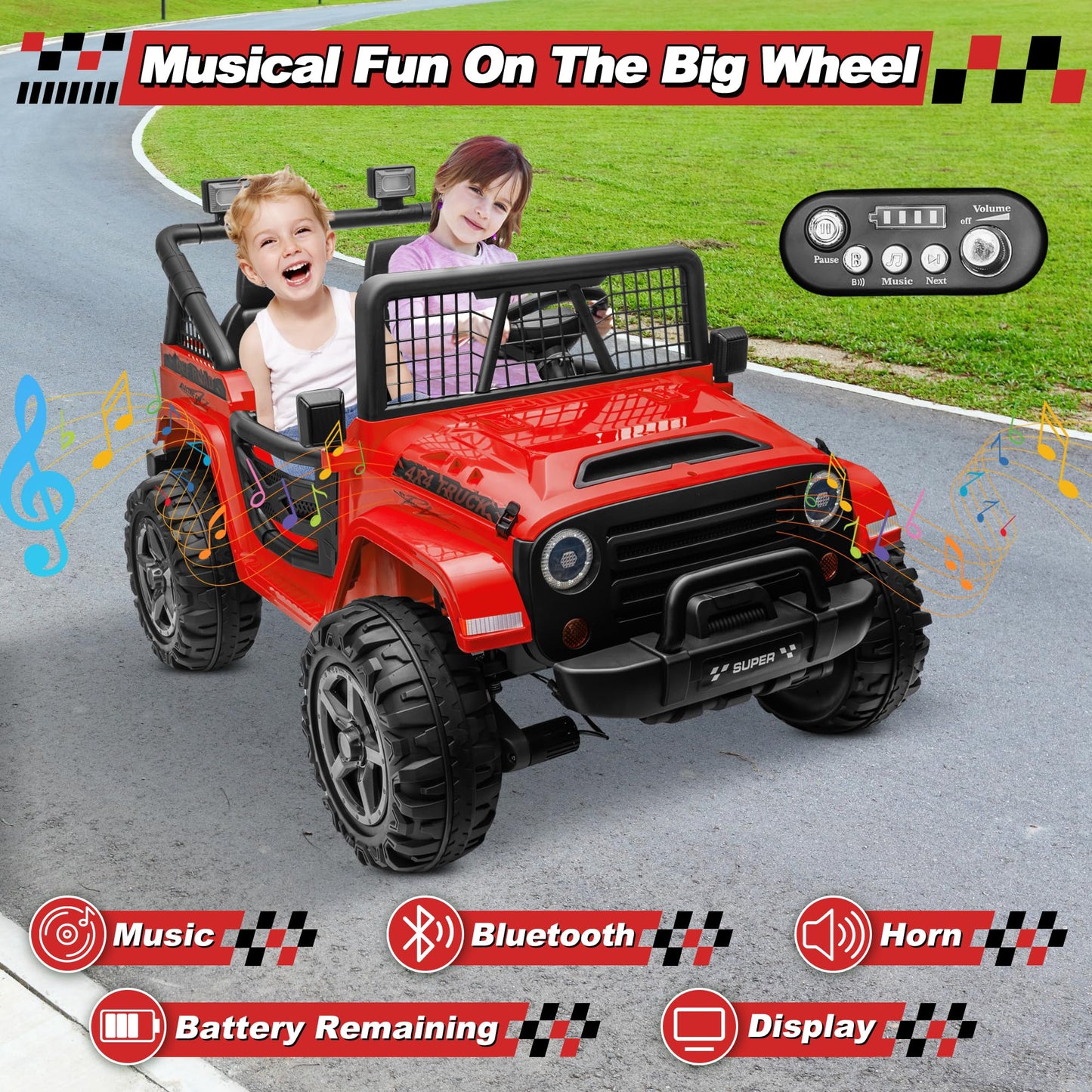 24V XL Ride on Car with Remote Control, JOYRACER 2 Seater 4WD/2WD Switchable Electric Car for Kids w/20 Inch Wide Seat, Gift Flower, 4X200W Power Car Wheels 24 Volt Big Truck for Boys Girls, Red