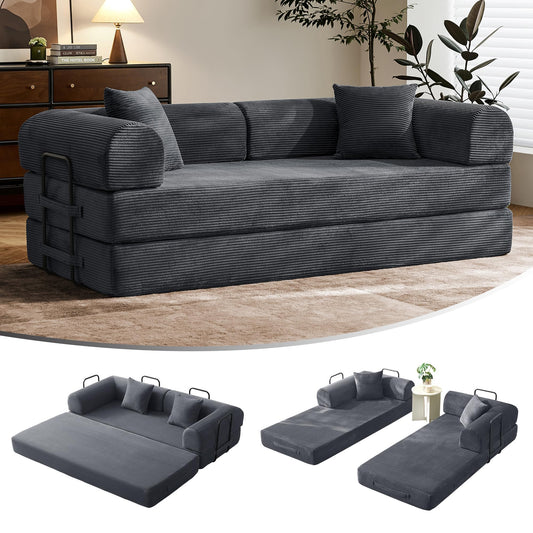 SAVENICA 79" Floor Sofa Bed, 5-in-1 Convertible Sleeper Sofa with Removable Armrests, Corduroy Fabric Sofa Couch, No Assembly Required for Living Room, Dorm, Studio (Dark Gray)