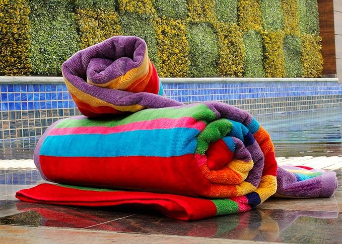 COTTON CRAFT Summer of Siam Oversized Beach Towel - 2 Pack XL 39x68 inches - Pure Cotton - Thick Plush Super Soft Absorbent Luxurious Velour Pile - Pool Picnic Bath - 450 GSM - Multi Color Stripe