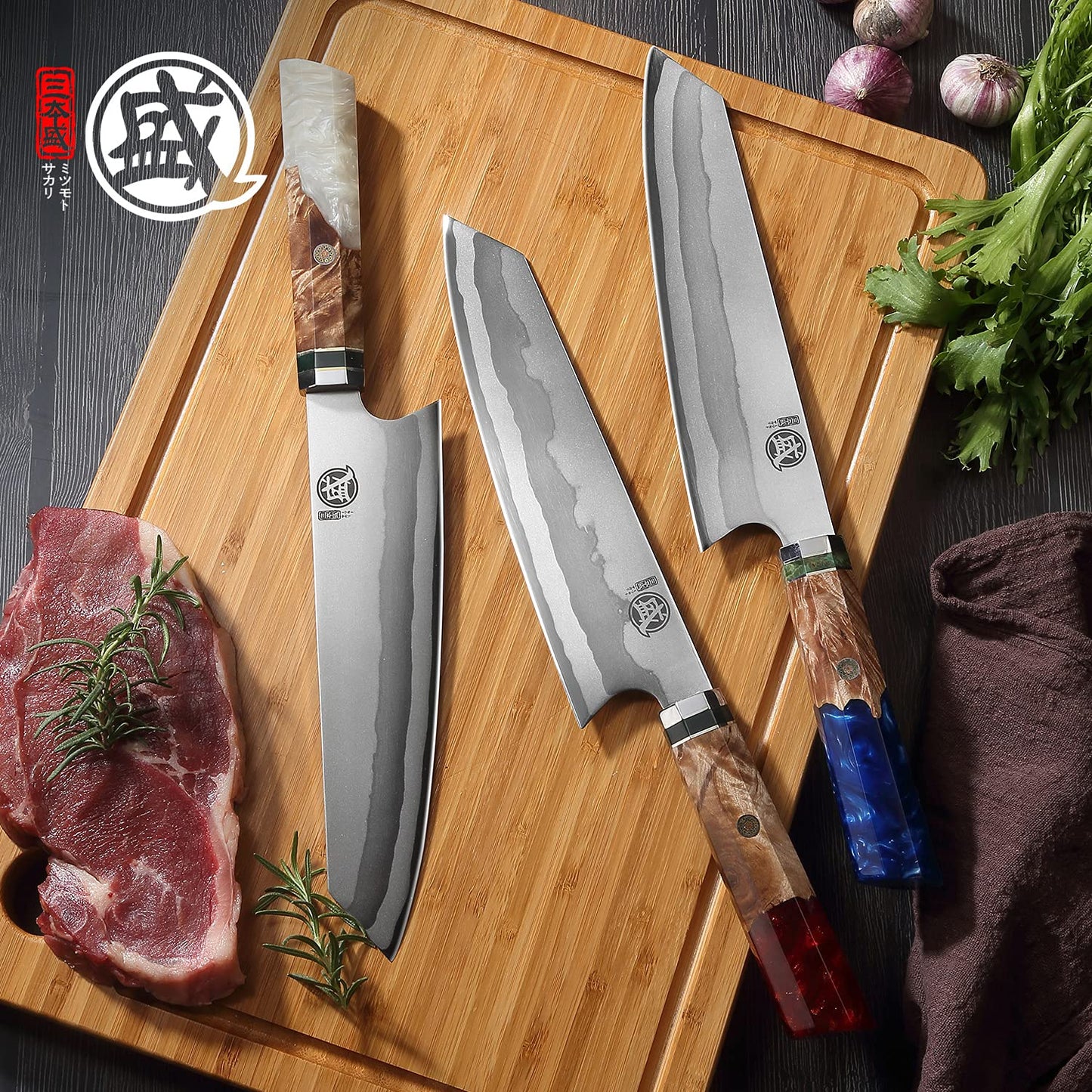 MITSUMOTO SAKARI 8 inch Japanese Kiritsuke Knife - Hand Forged 440C Damascus Steel, Professional Kitchen Chef Knives with White Pomegranate Handle & Sandalwood Box