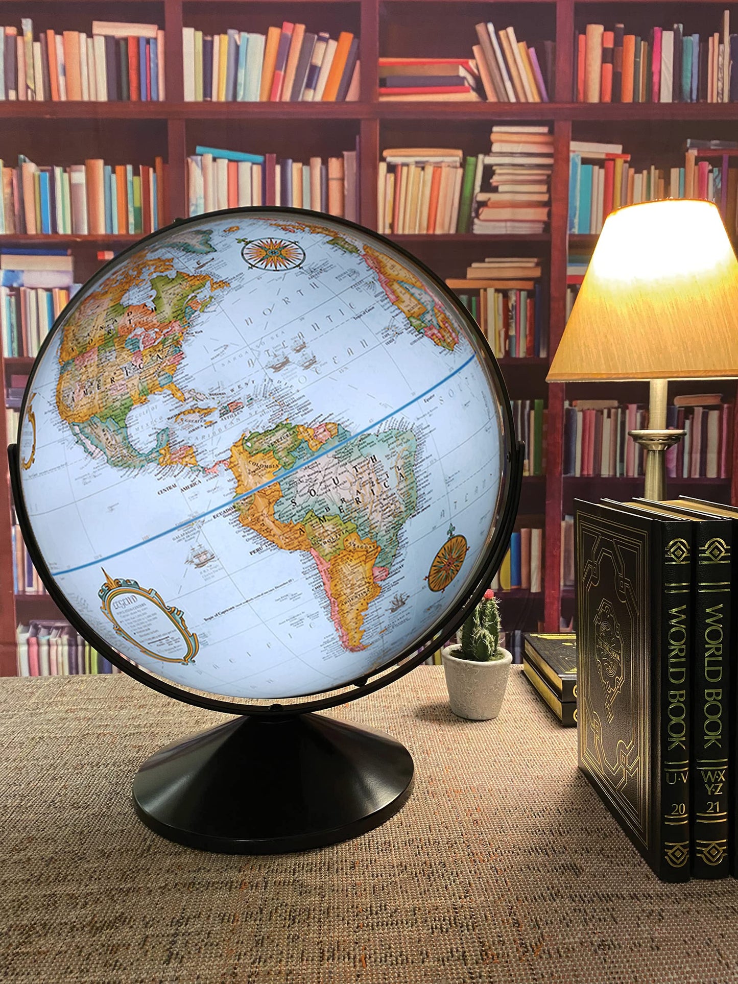 Replogle Eureka 16 inch desktop globe with up to date blue raised relief map and full swing gyromatic assembly. The beautiful blue ocean product has vast amounts of up-to-date information will pique the interest of any geographical connoisseur of all ages