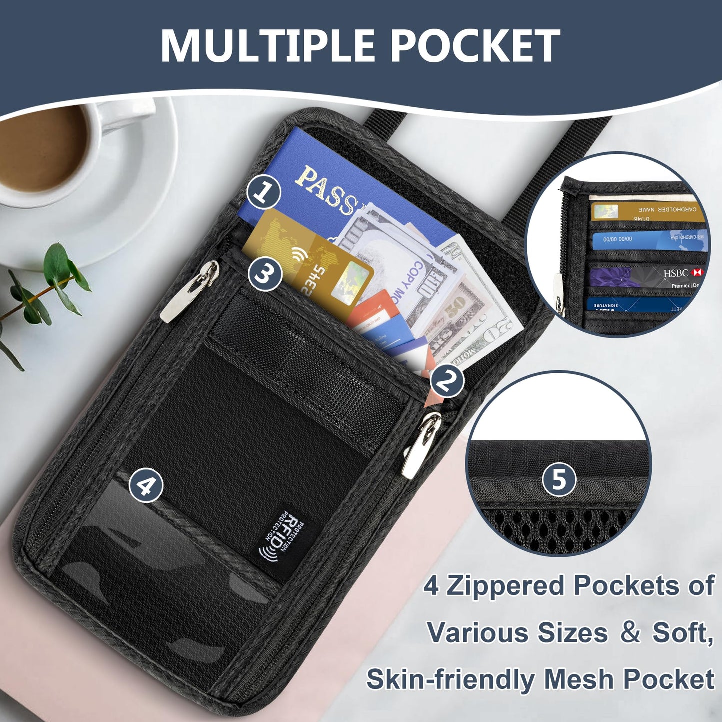 Likesing 5.5" L x 7.7" W Travel Neck Wallet, RFID Blocking Passport Holder for Travel Women Men, Security Passport Travel Wallet with 10 Card Slot, Neck Pouch Gifts for Traveling Family (Black)