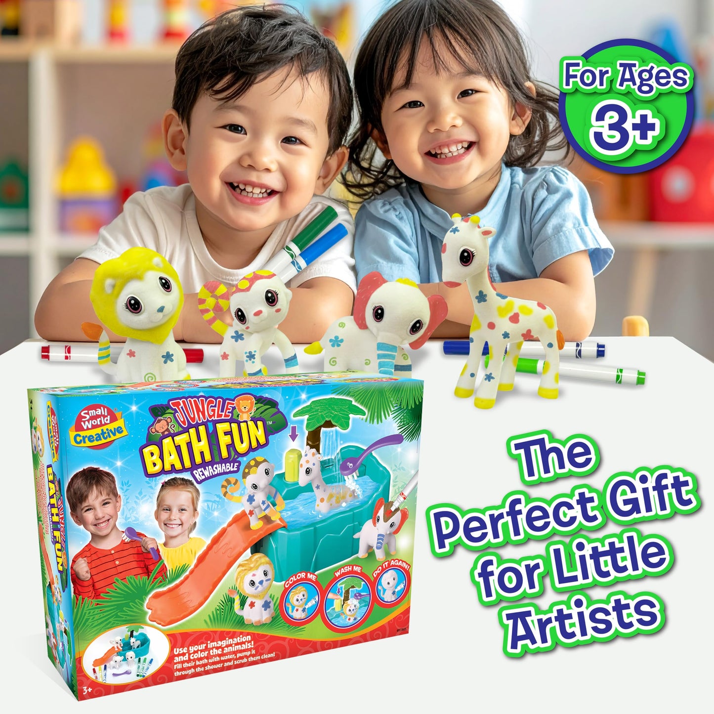 Small World Creative Jungle Bath Fun – Kids Pet Washable Recolor Bath Toy Set – Color, Wash & Play Jungle Animals Bath Time Toy – Creative DIY Toddler Arts & Crafts, Gifts for Girls & Boys, Ages 3+