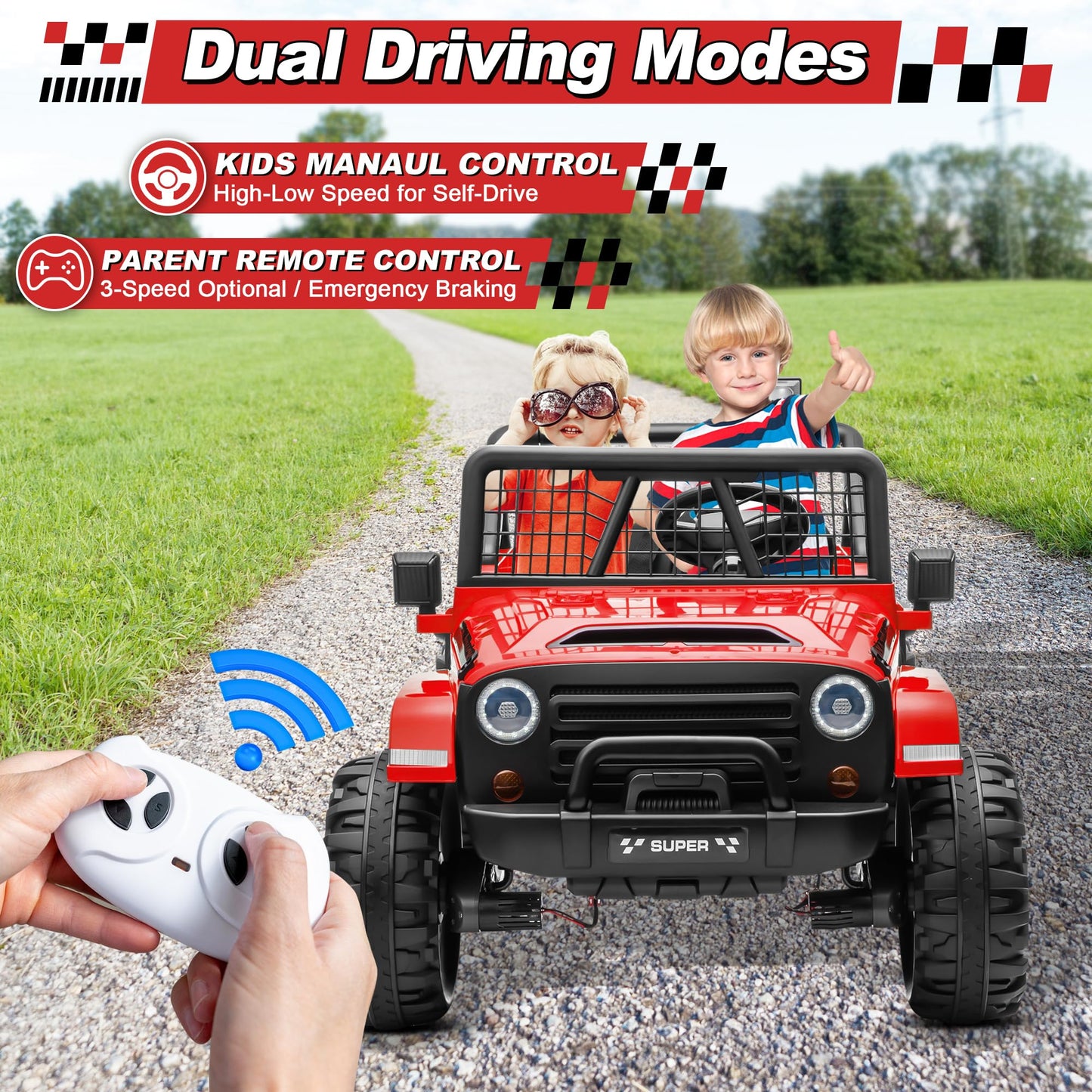 ANRLI 24V XL Ride on Car with Remote Control, 2 Seater 4WD/2WD Switchable Electric Car for Kids w/20 Inch Wide Seat, Gift Flower, 4X200W Power Car Wheels 24 Volt Big Trucks for Boys Girls, Red