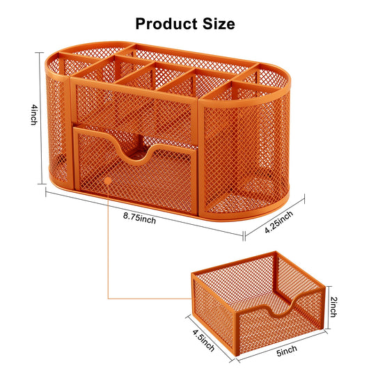 EasyPAG Mesh Pen Holder Desk Organizer with Drawer Stationery Supplies Organizer for Dorm School 9 Compartments Workspace Desk Accessories Organization for Office, Orange