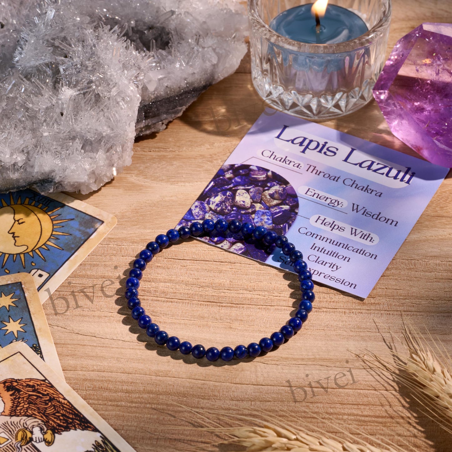 Bivei Lapis Lazuli - Wisdom - 4mm Beaded Bracelets for Women Handmade Semi Precious Natural Stone Stretch Elastic Jewelry Yoga Protection Gifts