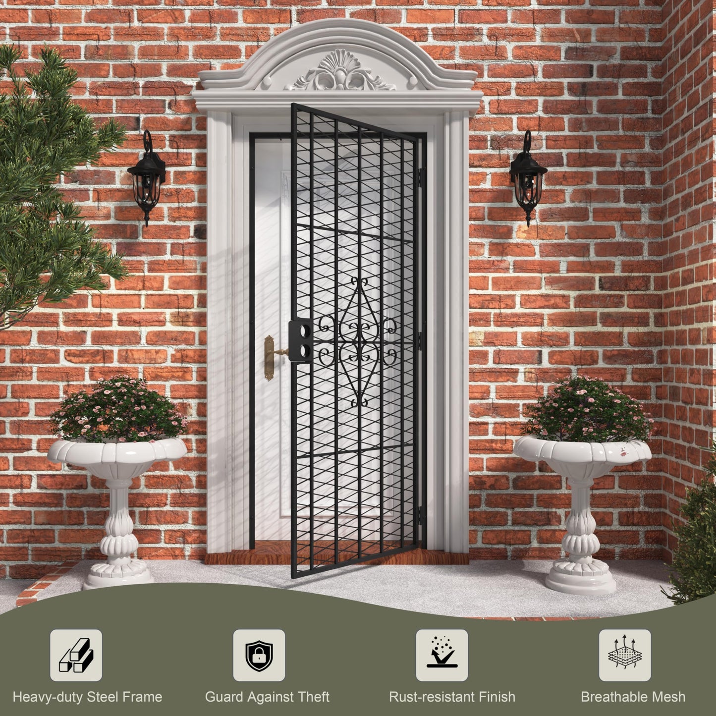 JUBEST 32 in. x 80 in. Security Screen Door, Reversible Powder Coated Black Surface Mount Outswing Steel Security Door with Expanded Metal Screen, Prehung Steel Exterior Doors, Durable&Safe
