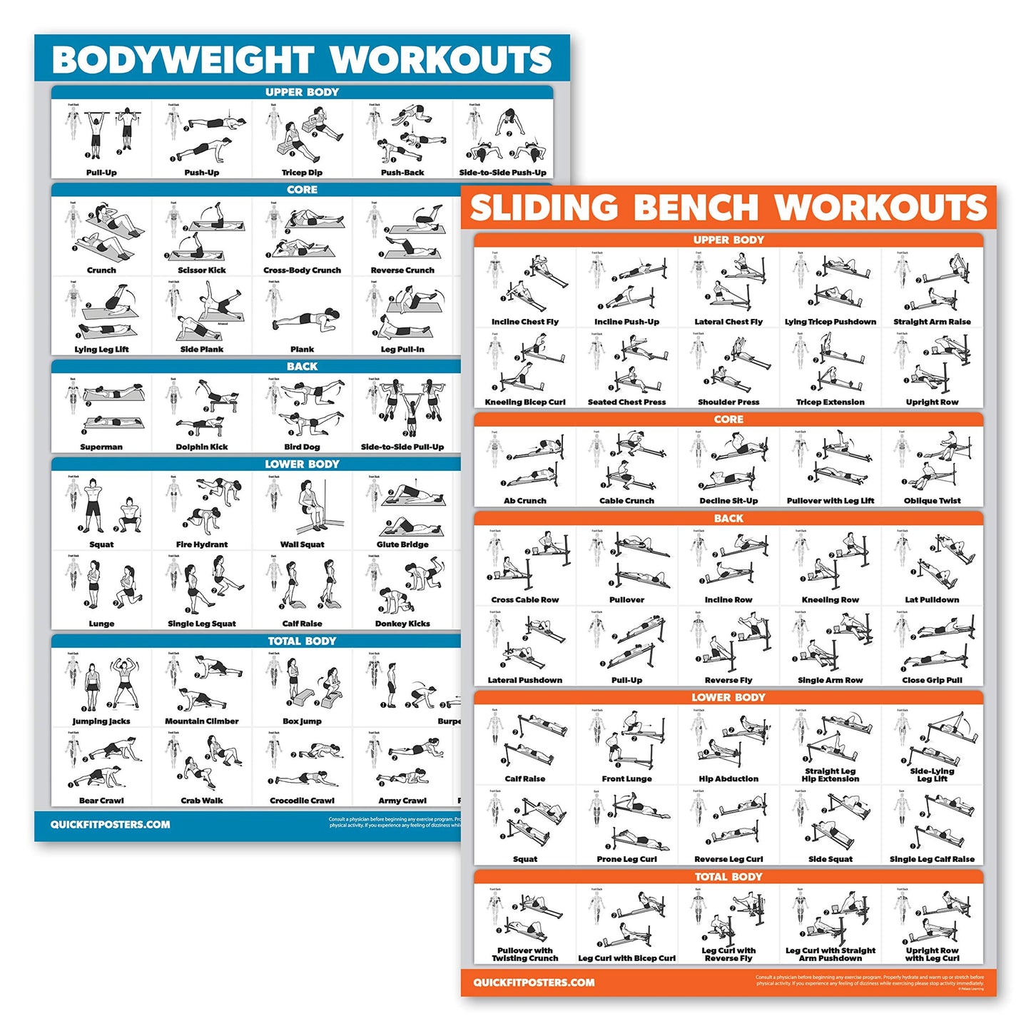 QuickFit 2 Pack - Sliding Bench Workouts & Bodyweight Exercise Poster Set - Compatible with Total Gym & Weider Ultimate Body Works (Laminated, 18" x 24"")"