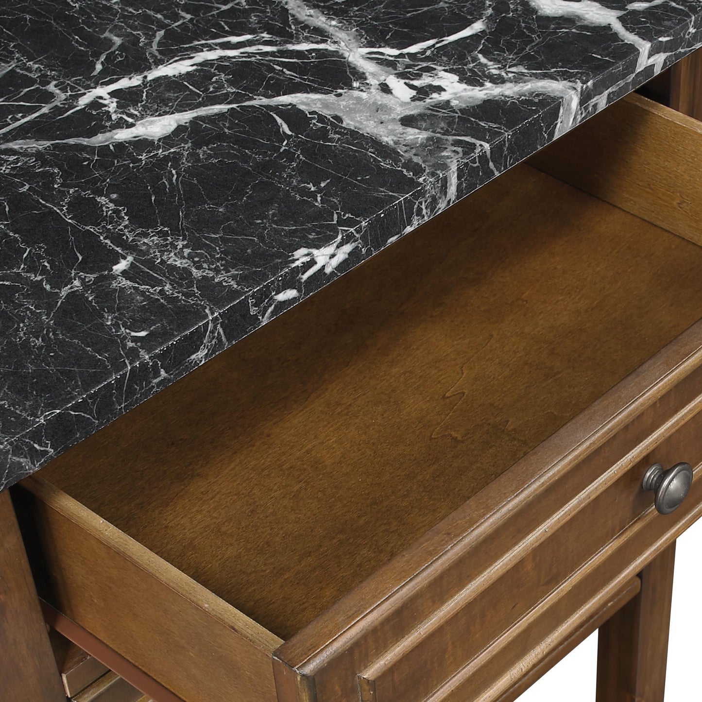 OSP Home Furnishings Fairmont Modern Farmhouse Kitchen Cart, Rolling Storage Cabinet with Drawer, Shelves, Hooks, Towel Bar, Oak Wood Finish with Faux Marble Top