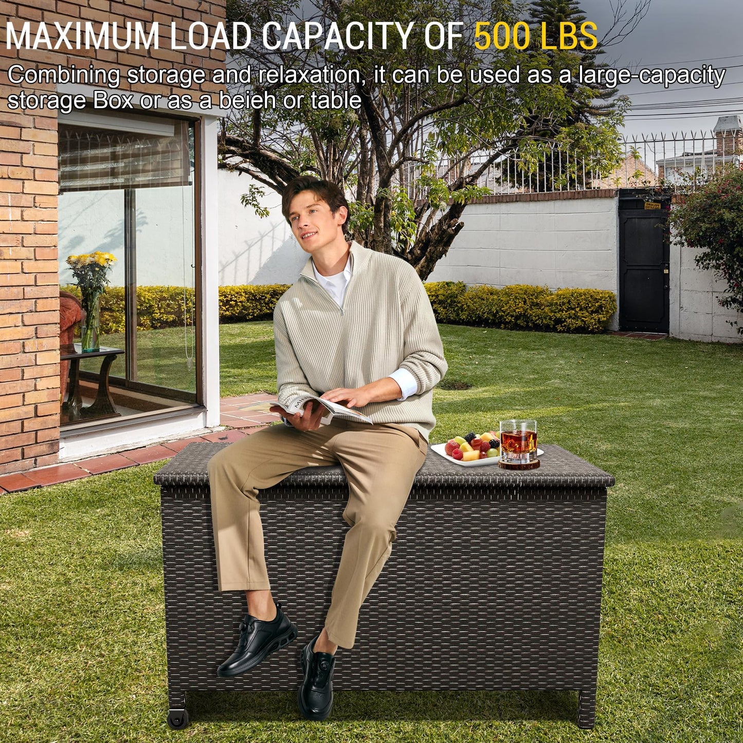 185 Gallon Outdoor Deck Box,Large Storage Bins with Lid, 2 Wheels and Handles, Patio Outdoor Bench with Storage, PE Rattan Wicker Box for Store Garden Tools, Patio Furniture Cushions, Pool Supplies