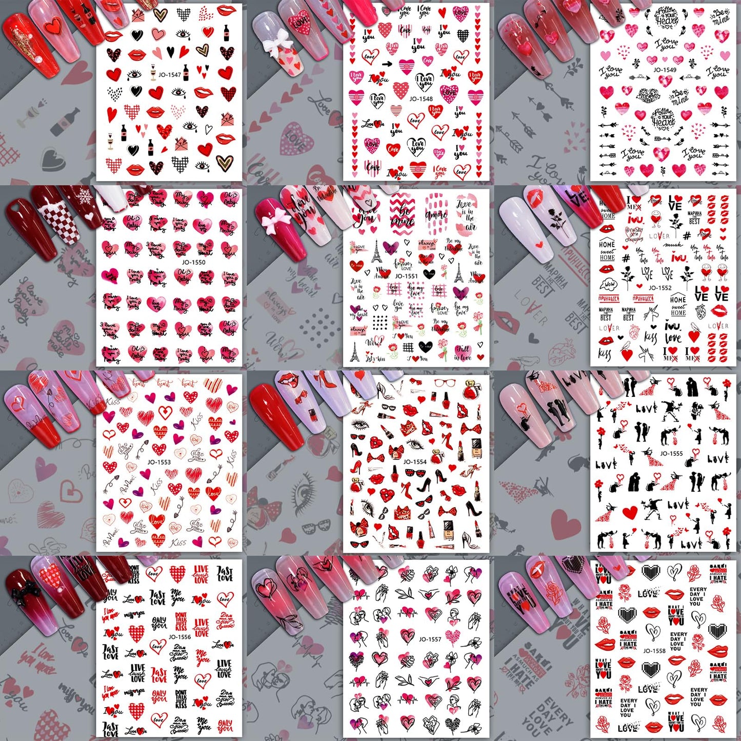 12 Sheets Valentine's Day Nail Sticker for Nails Art 3D Embossed Self-Adhesive Pink Red Love Heart Lips Valentine's Day Nail Decal Design Supplies for Women DIY Manicure Art Decoration YX1241