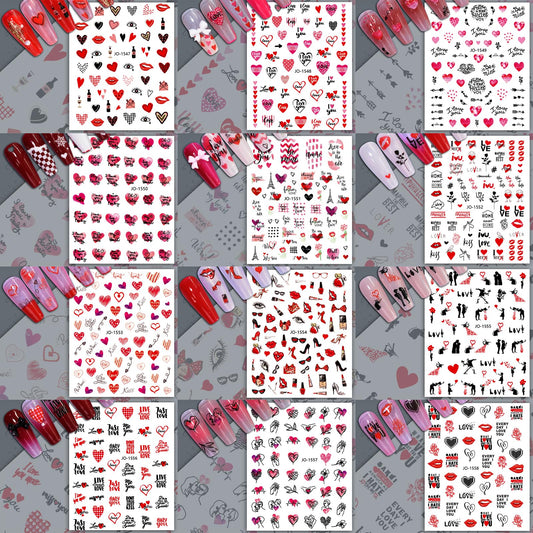12 Sheets Valentine's Day Nail Sticker for Nails Art 3D Embossed Self-Adhesive Pink Red Love Heart Lips Valentine's Day Nail Decal Design Supplies for Women DIY Manicure Art Decoration YX1241