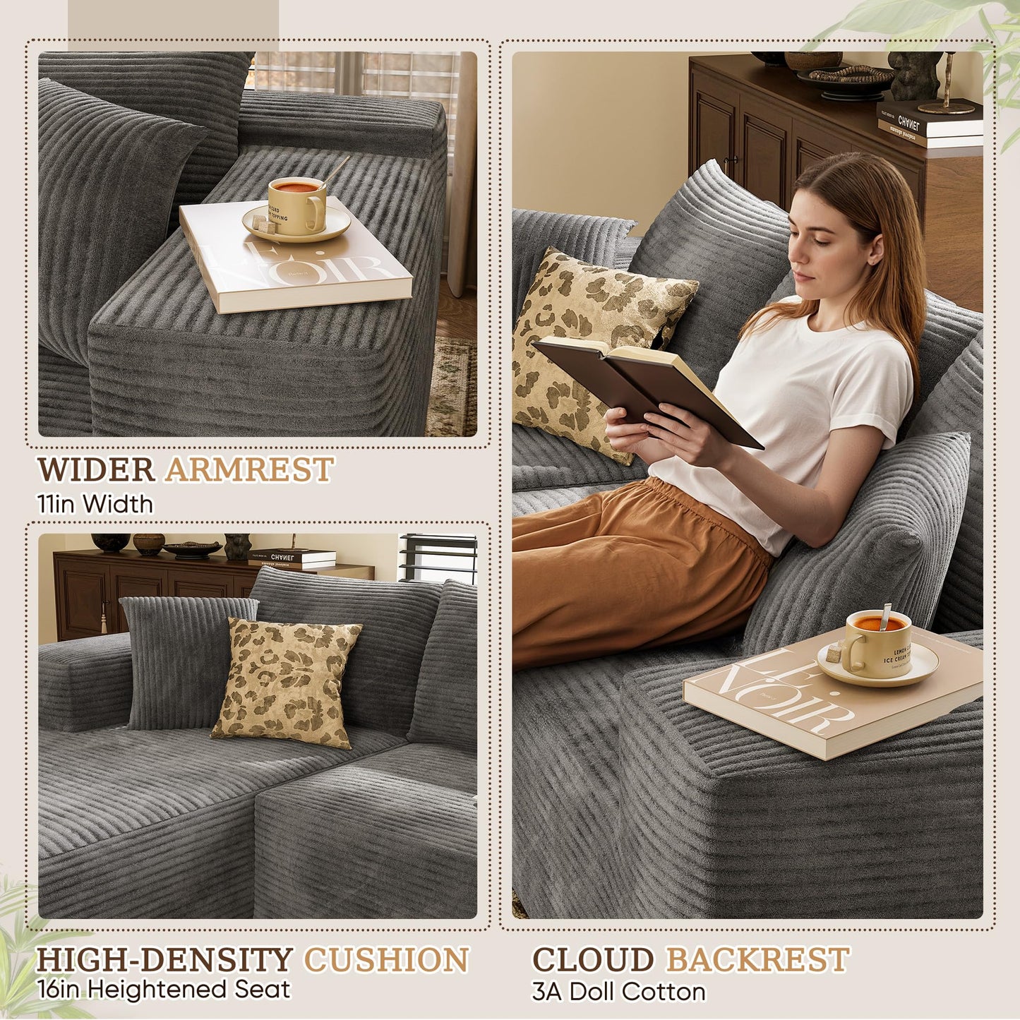 YESHOMY Boneless Couches for Living Room, 108" Sectional Modular Sectional Sofa with Deep Seat, Cloud Comfy Couch with L-Shape Chaise, Easy Assembly (Corduroy, Gray)