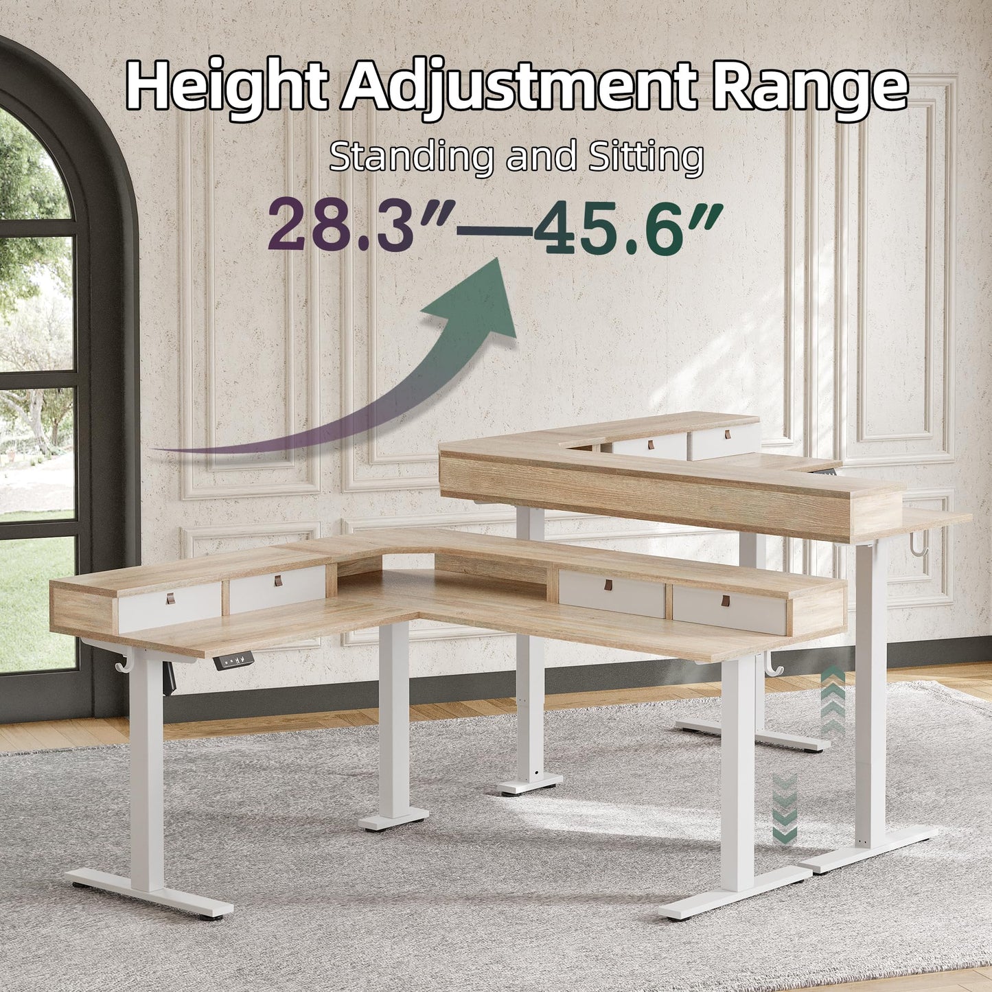TIQLAB L Shaped 63 x 55 inch Standing Desk Adjustable Height, Electric Corner Standing Desk with 4 Drawers and Upper Shelf, Sit Stand Computer Table with Splice Board, Maple