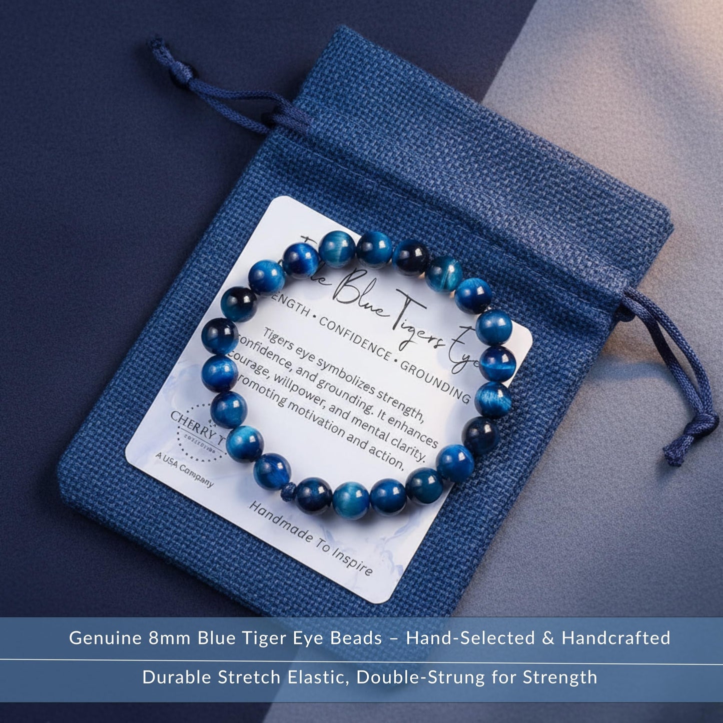 Cherry Tree Collection – Handmade Crystal Beaded Stretch Bracelets with Jade Blue Tiger's Eye for Women & Men - 8mm Round Gemstone for Protection, Balance & Luck - Medium